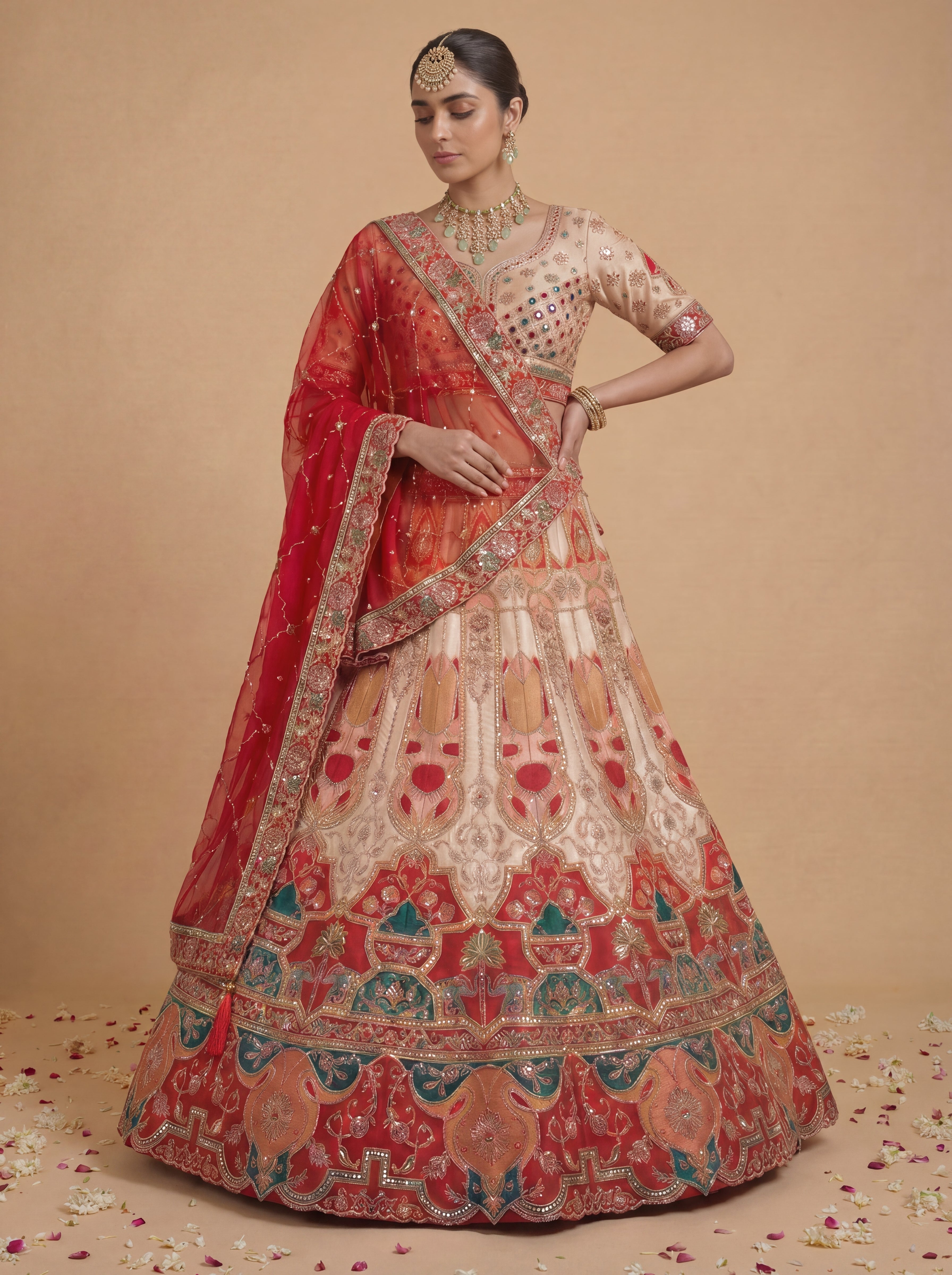 Coral Peach Viscose Sequins Embroidered Bridal Lehenga Choli Set