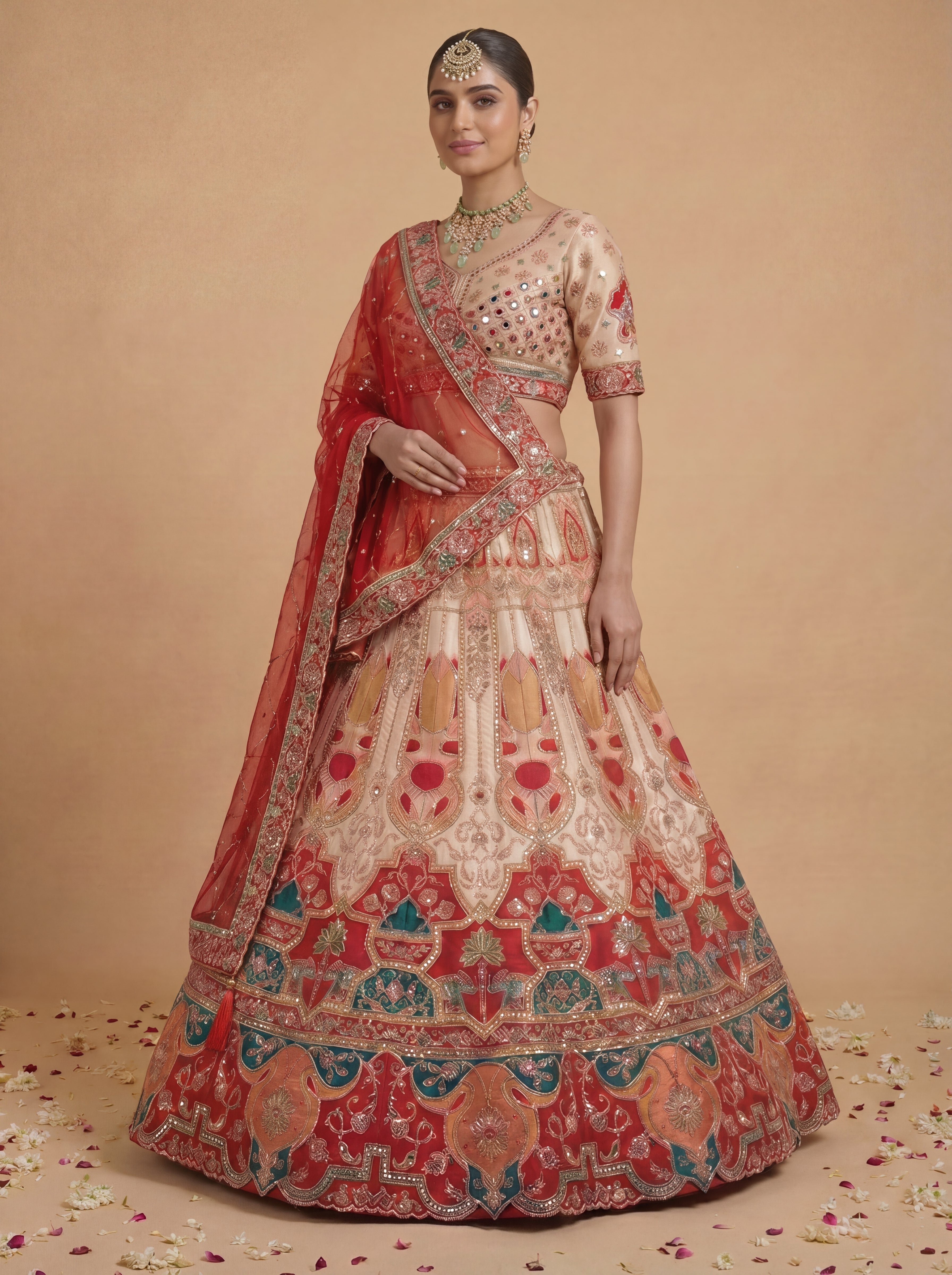 Coral Peach Viscose Sequins Embroidered Bridal Lehenga Choli Set