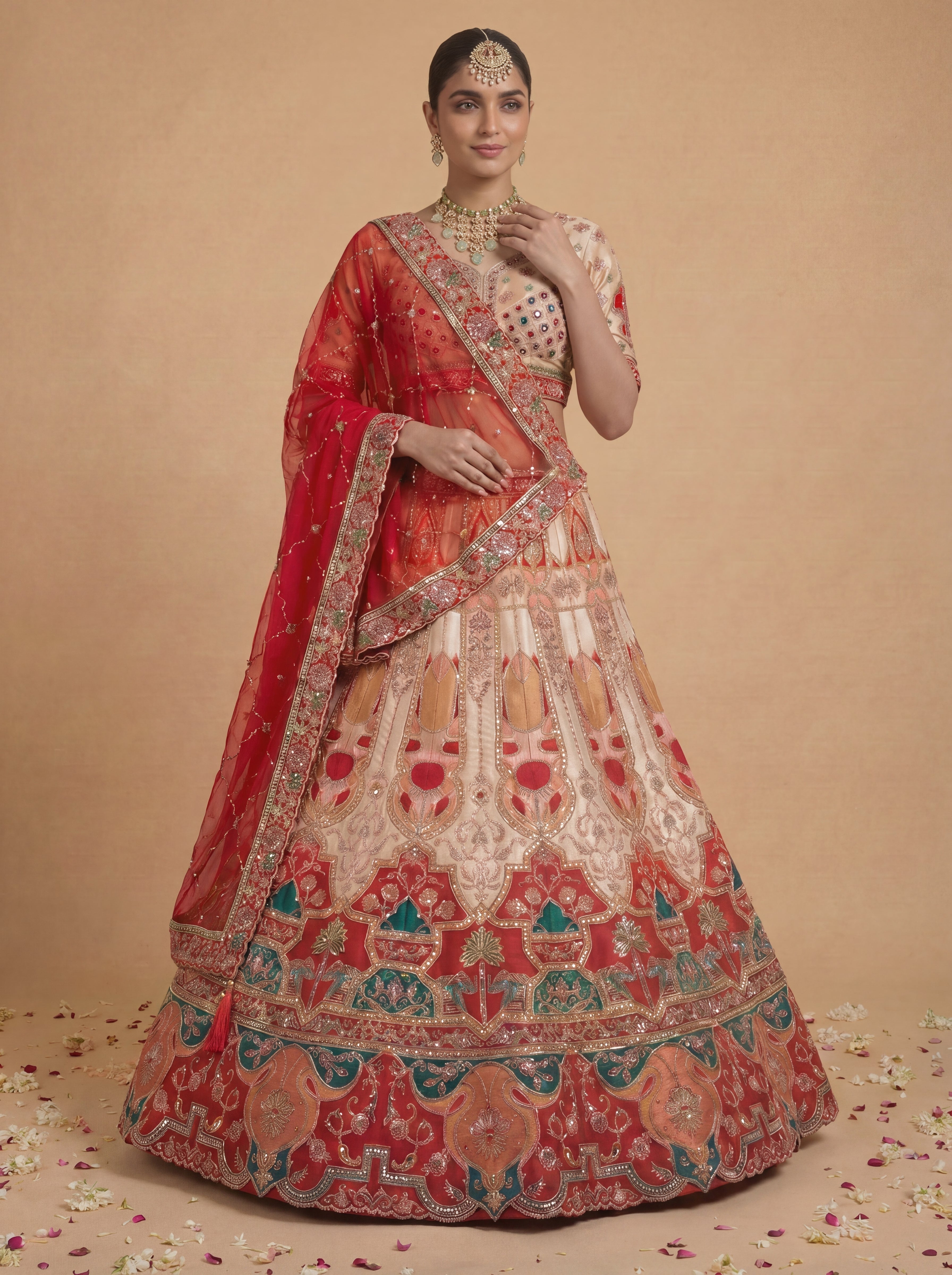 Coral Peach Viscose Sequins Embroidered Bridal Lehenga Choli Set
