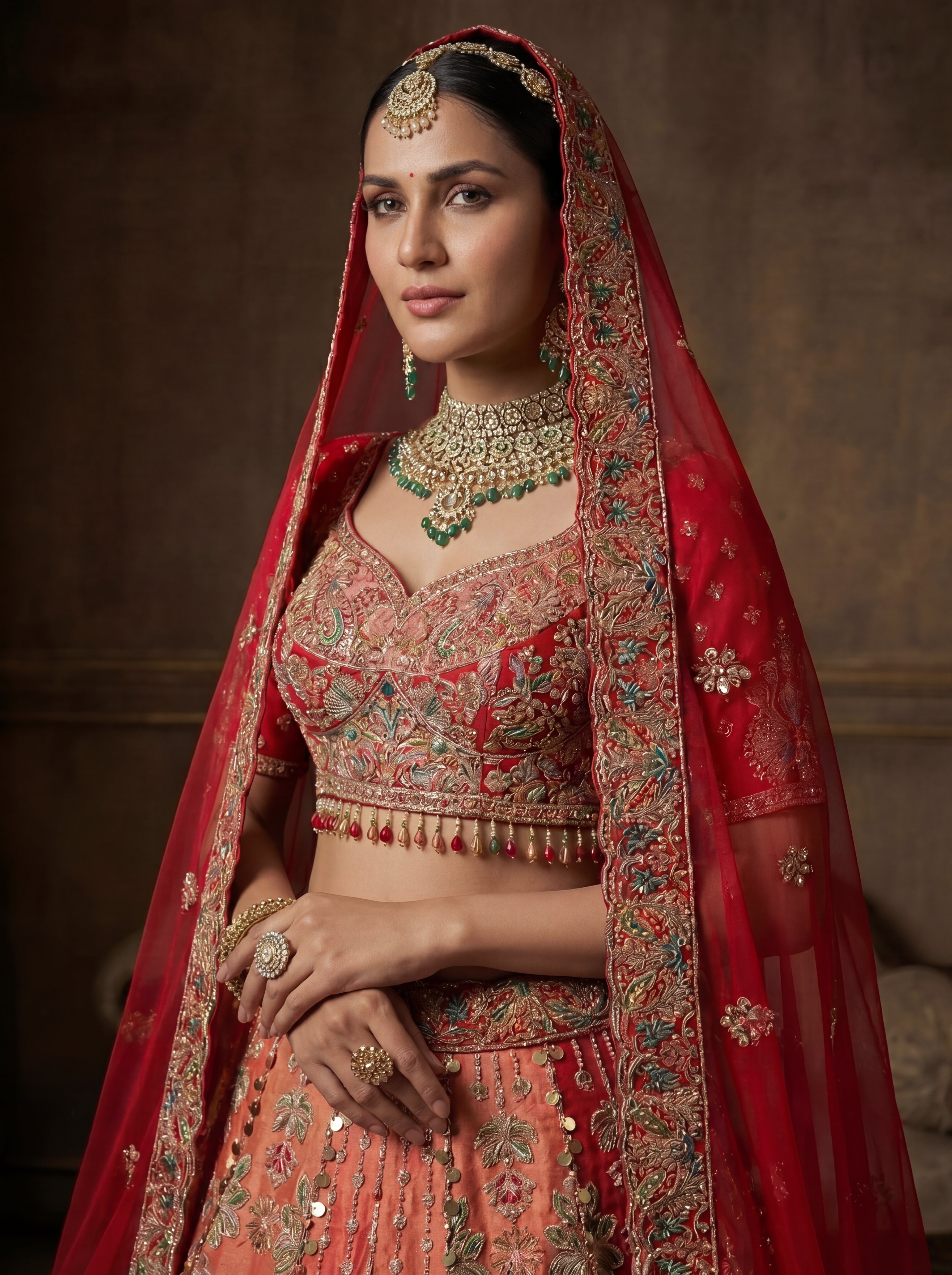 Crimson Red Viscose Sequins Cording Bridal Lehenga Choli Set