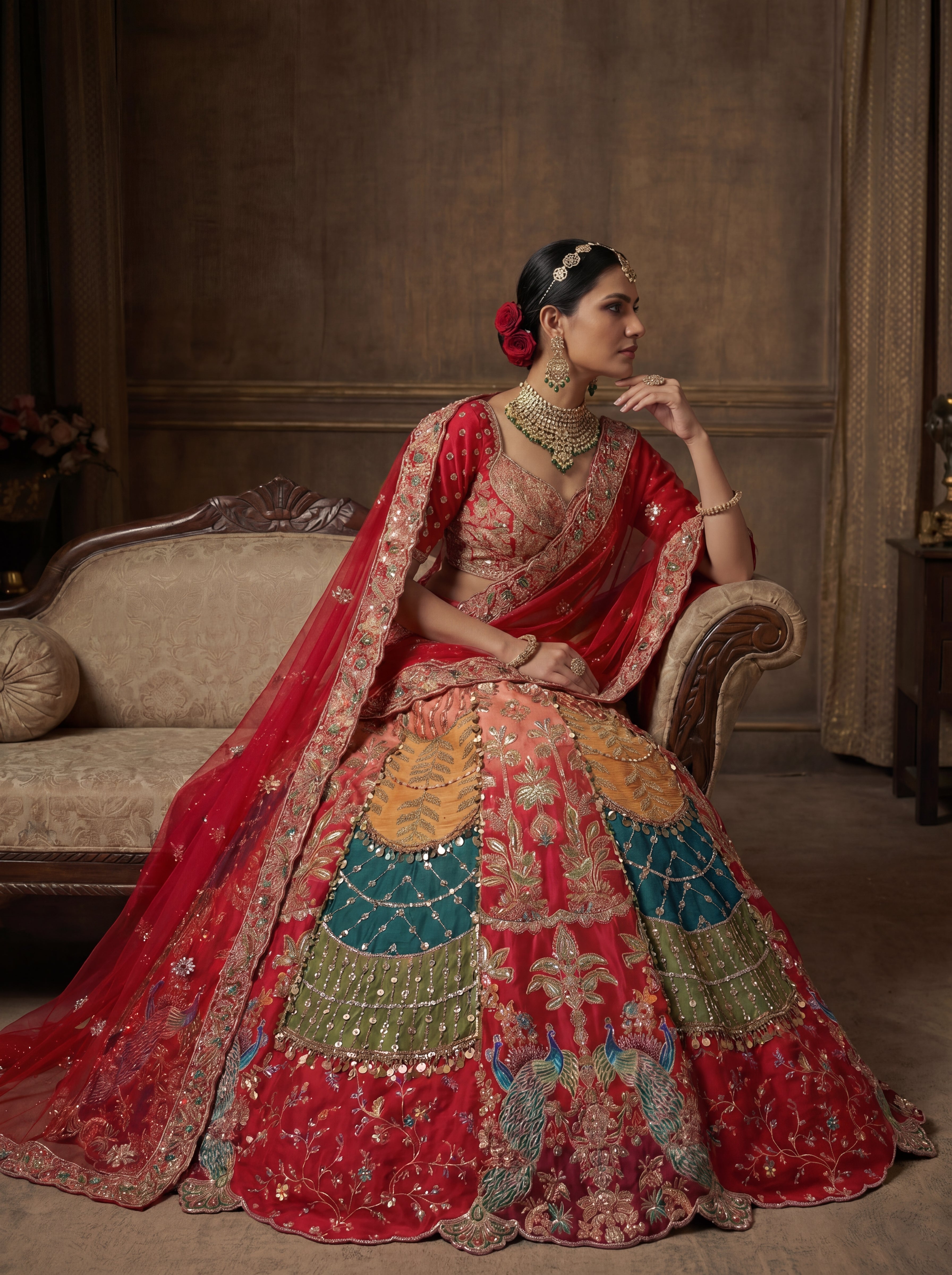 Crimson Red Viscose Sequins Cording Bridal Lehenga Choli Set