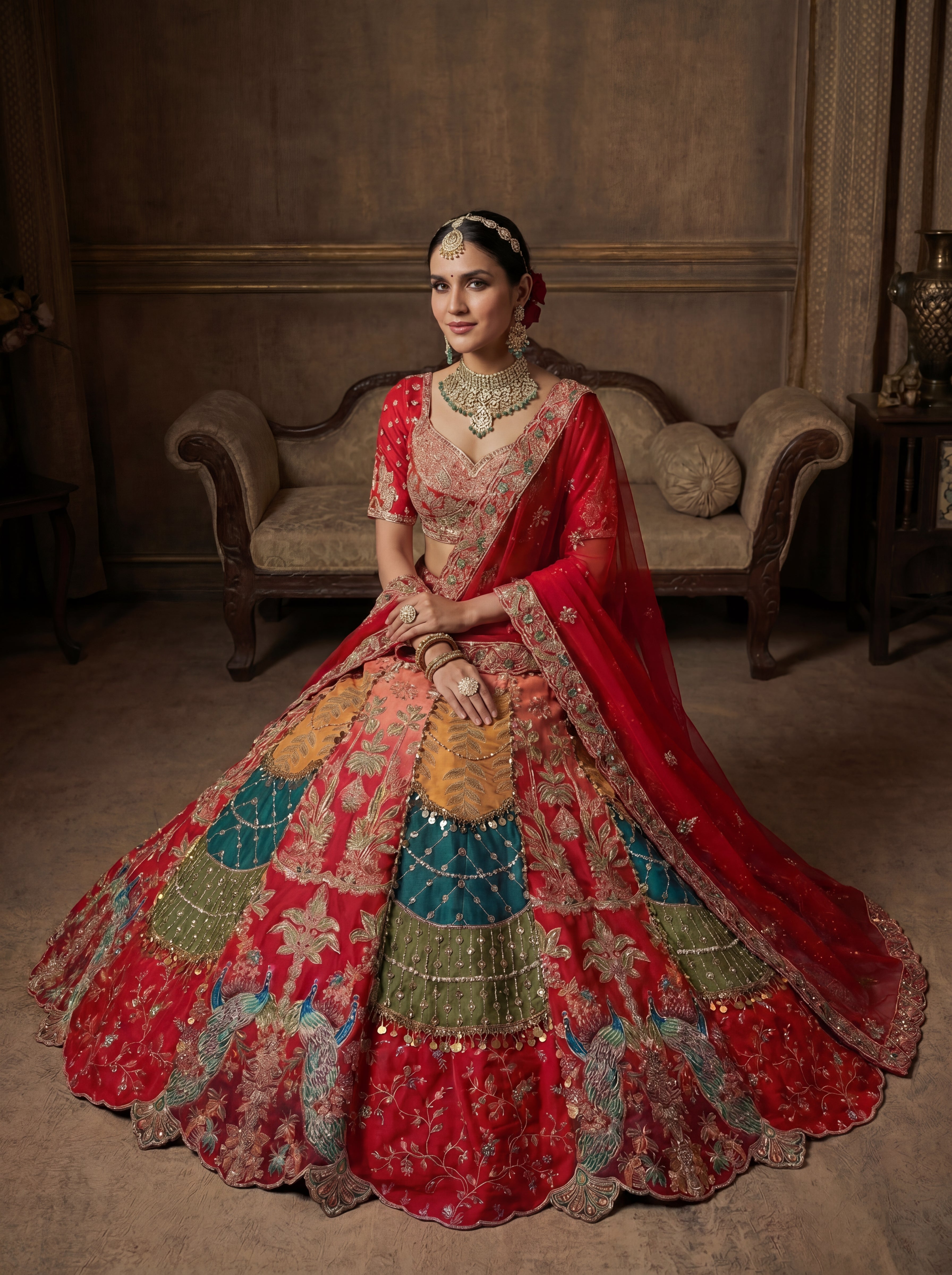 Crimson Red Viscose Sequins Cording Bridal Lehenga Choli Set