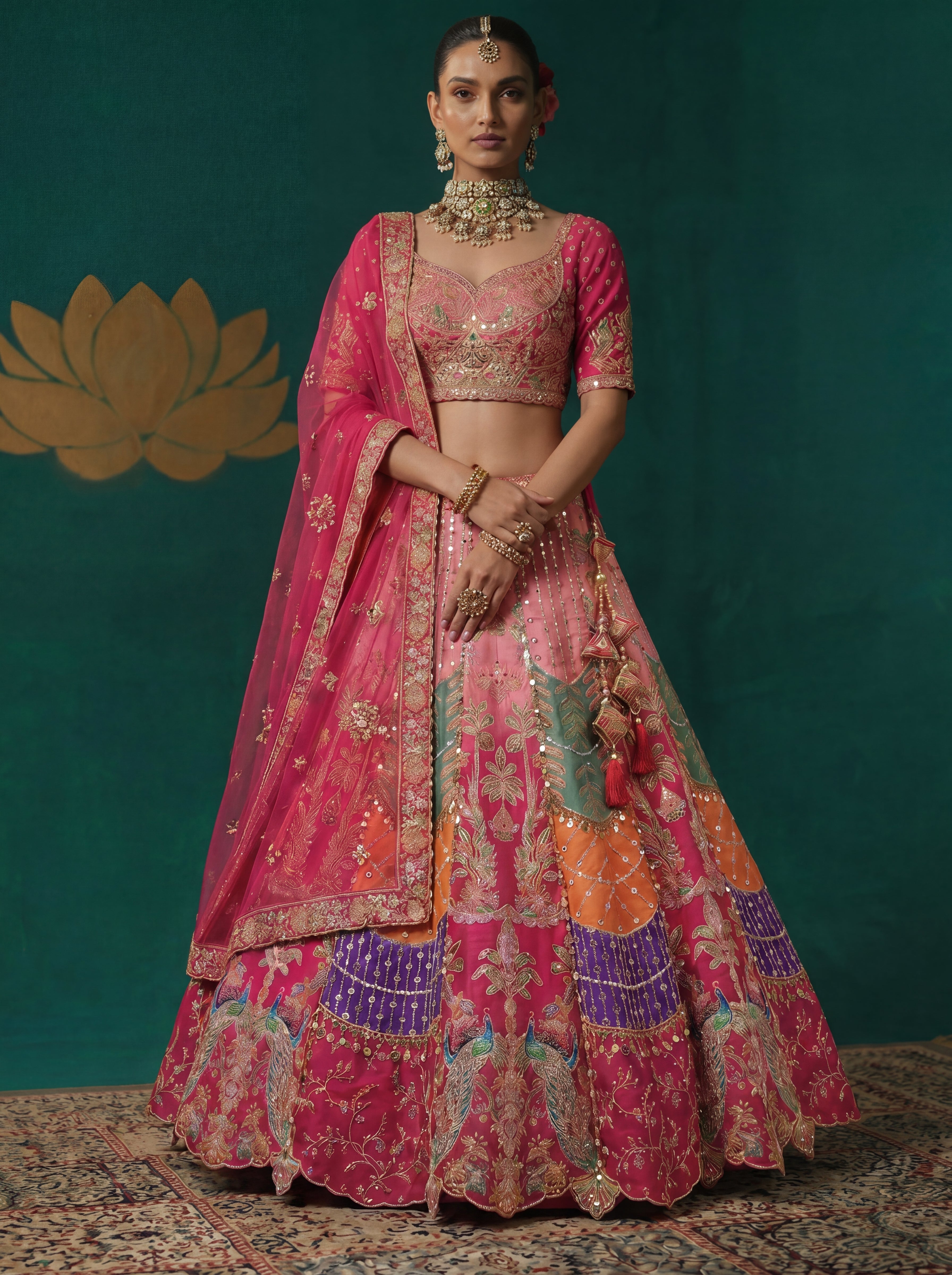 Hot Pink Viscose Sequins Embroidered Bridal Lehenga Choli Set
