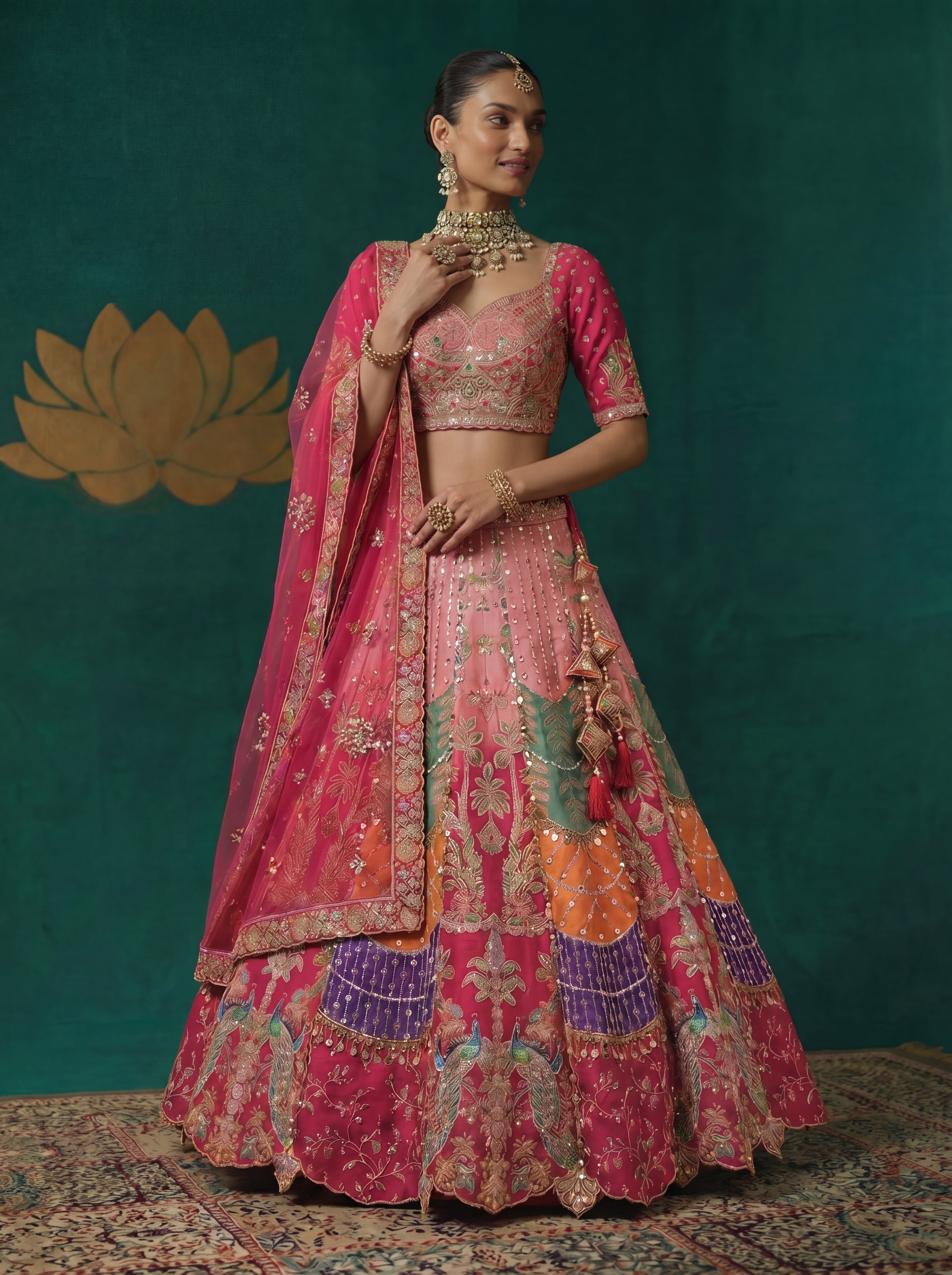 Hot Pink Viscose Sequins Embroidered Bridal Lehenga Choli Set