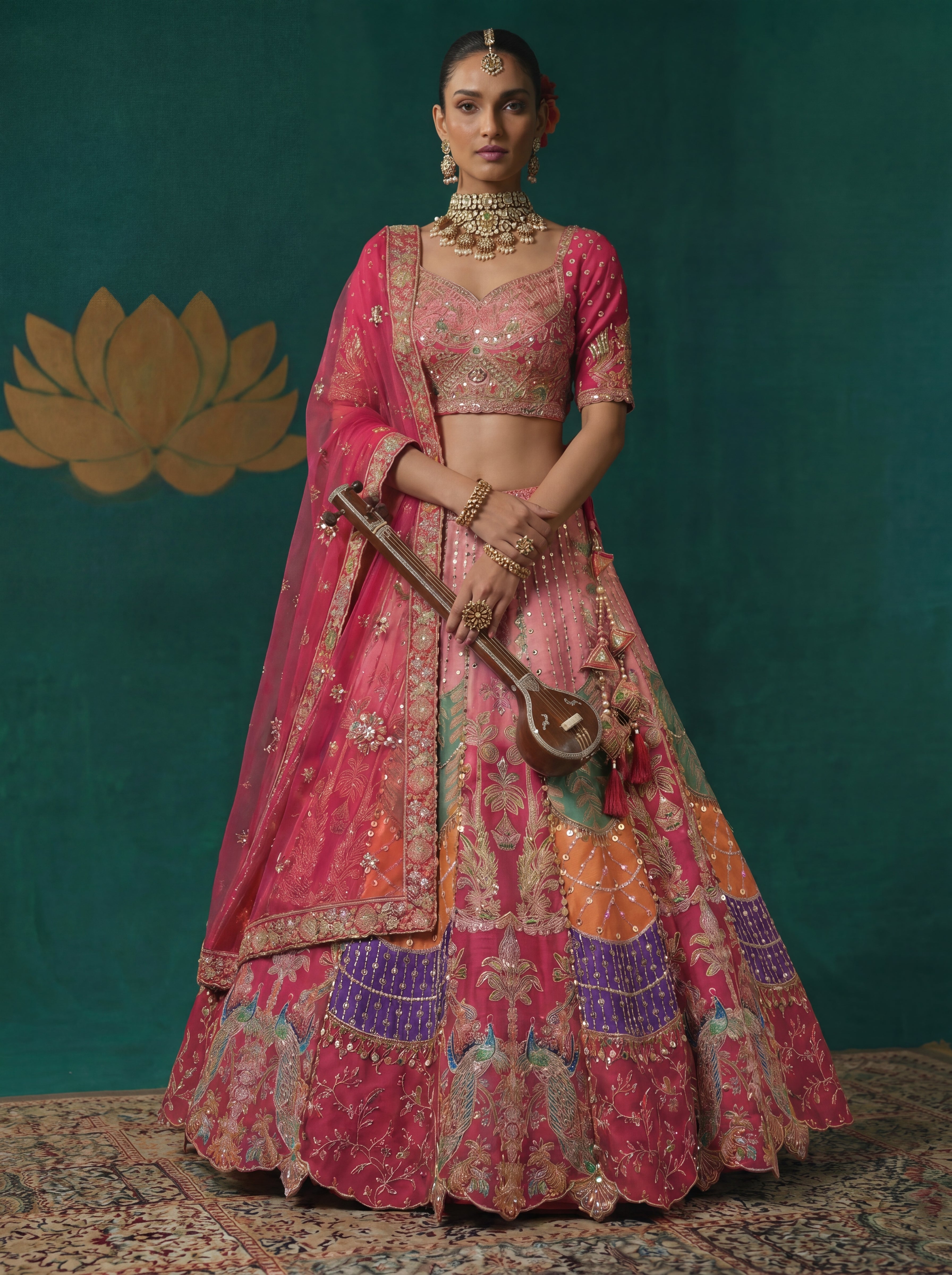 Hot Pink Viscose Sequins Embroidered Bridal Lehenga Choli Set