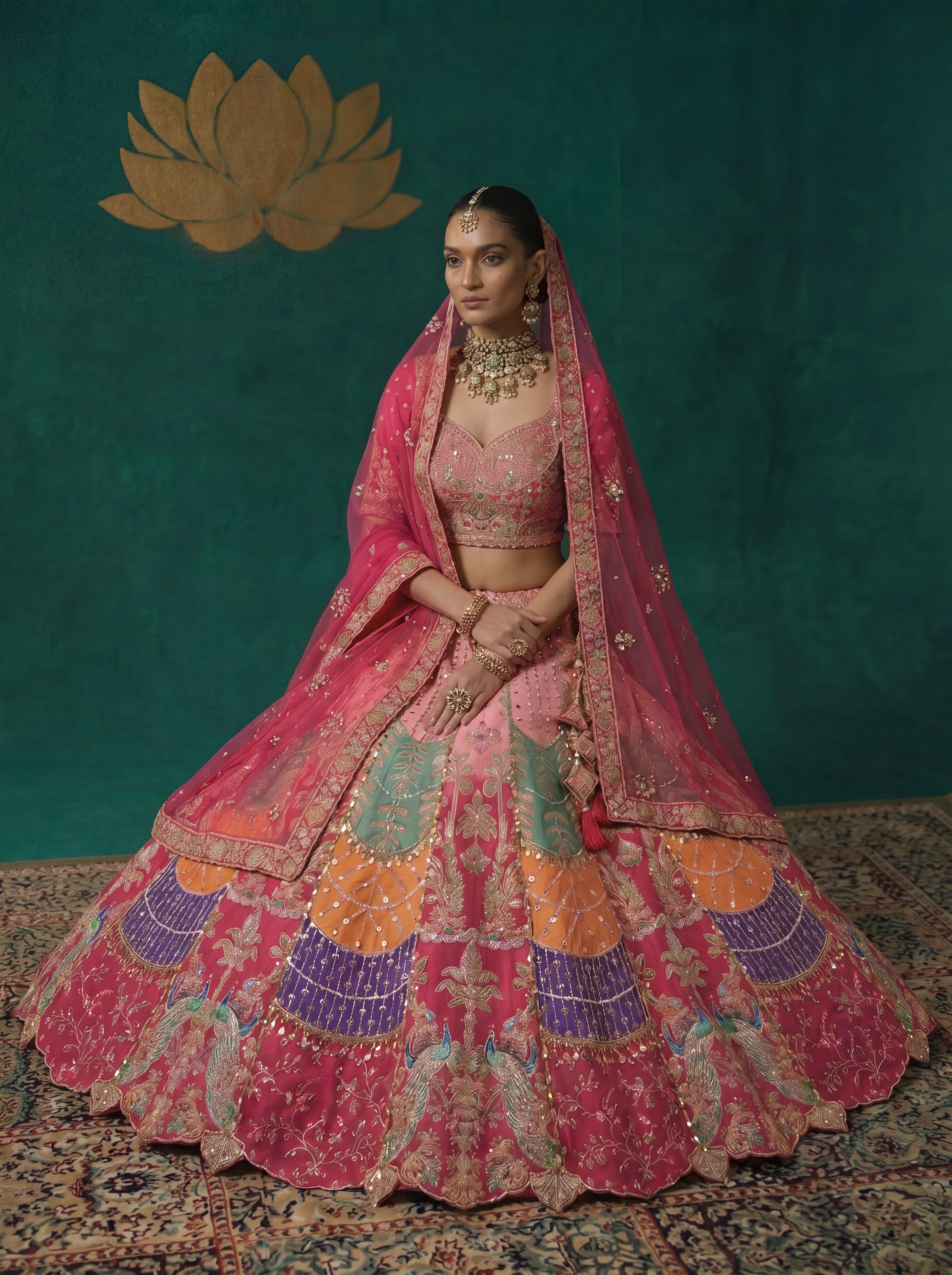 Hot Pink Viscose Sequins Embroidered Bridal Lehenga Choli Set