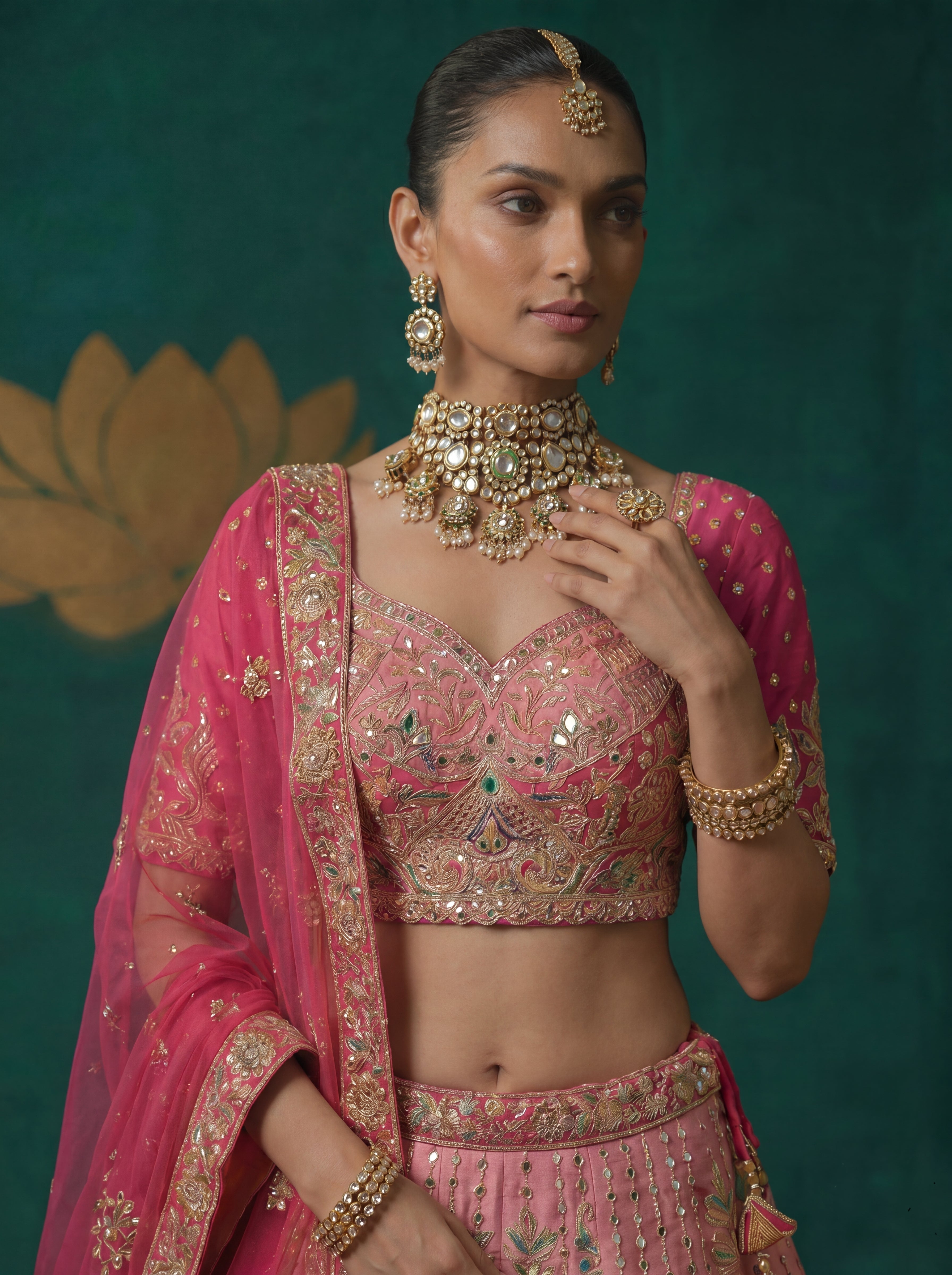 Hot Pink Viscose Sequins Embroidered Bridal Lehenga Choli Set