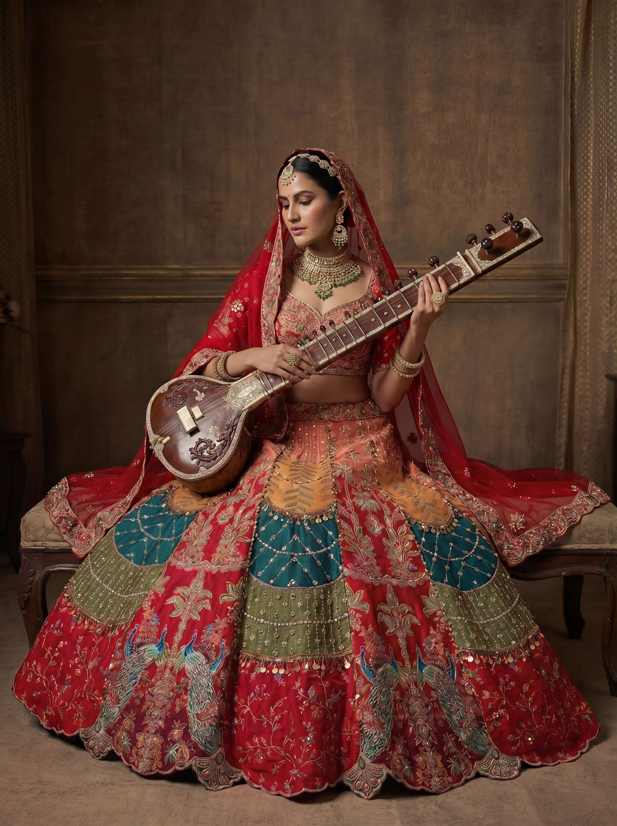 Crimson Red Viscose Sequins Cording Bridal Lehenga Choli Set
