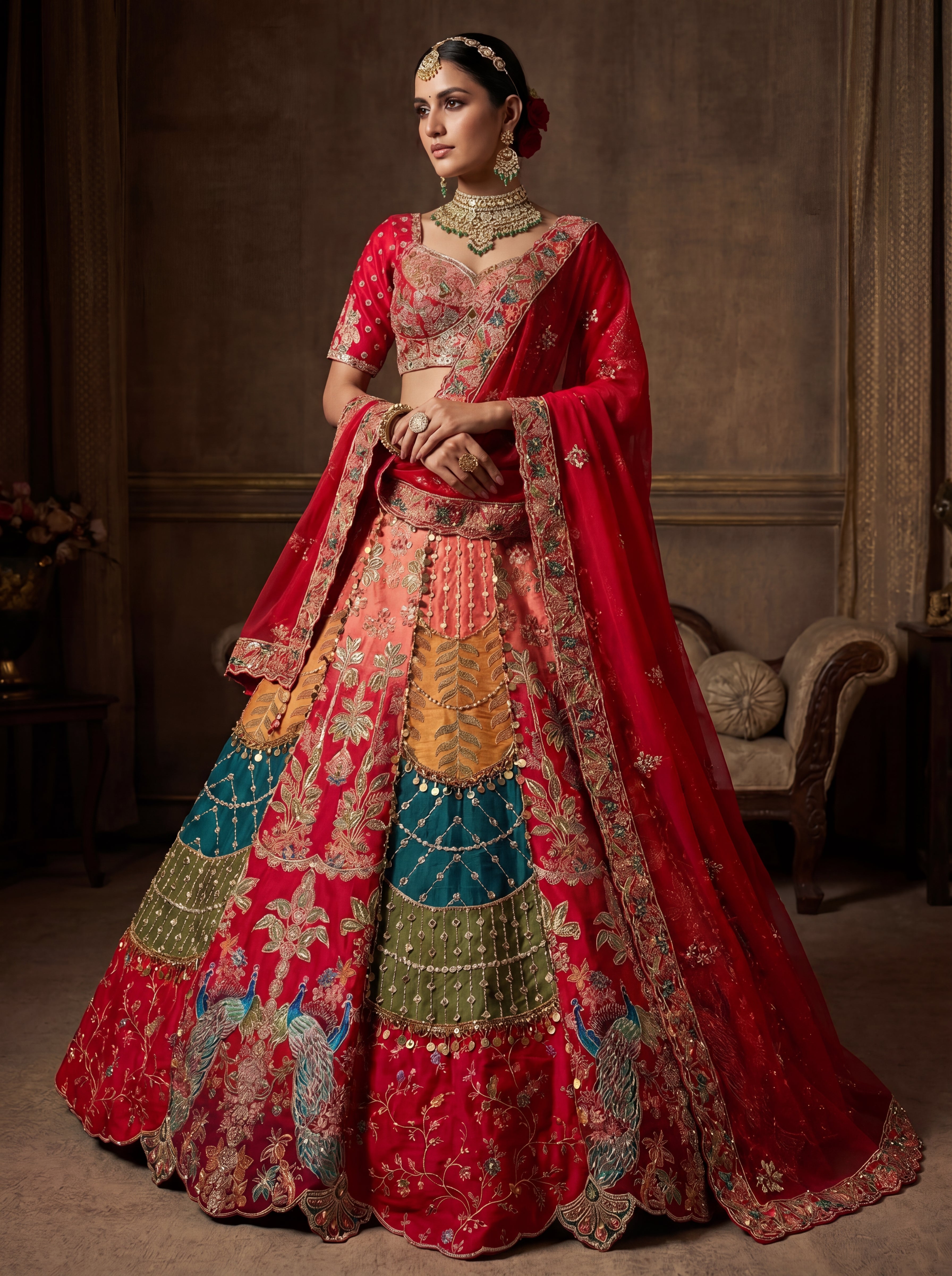 Crimson Red Viscose Sequins Cording Bridal Lehenga Choli Set