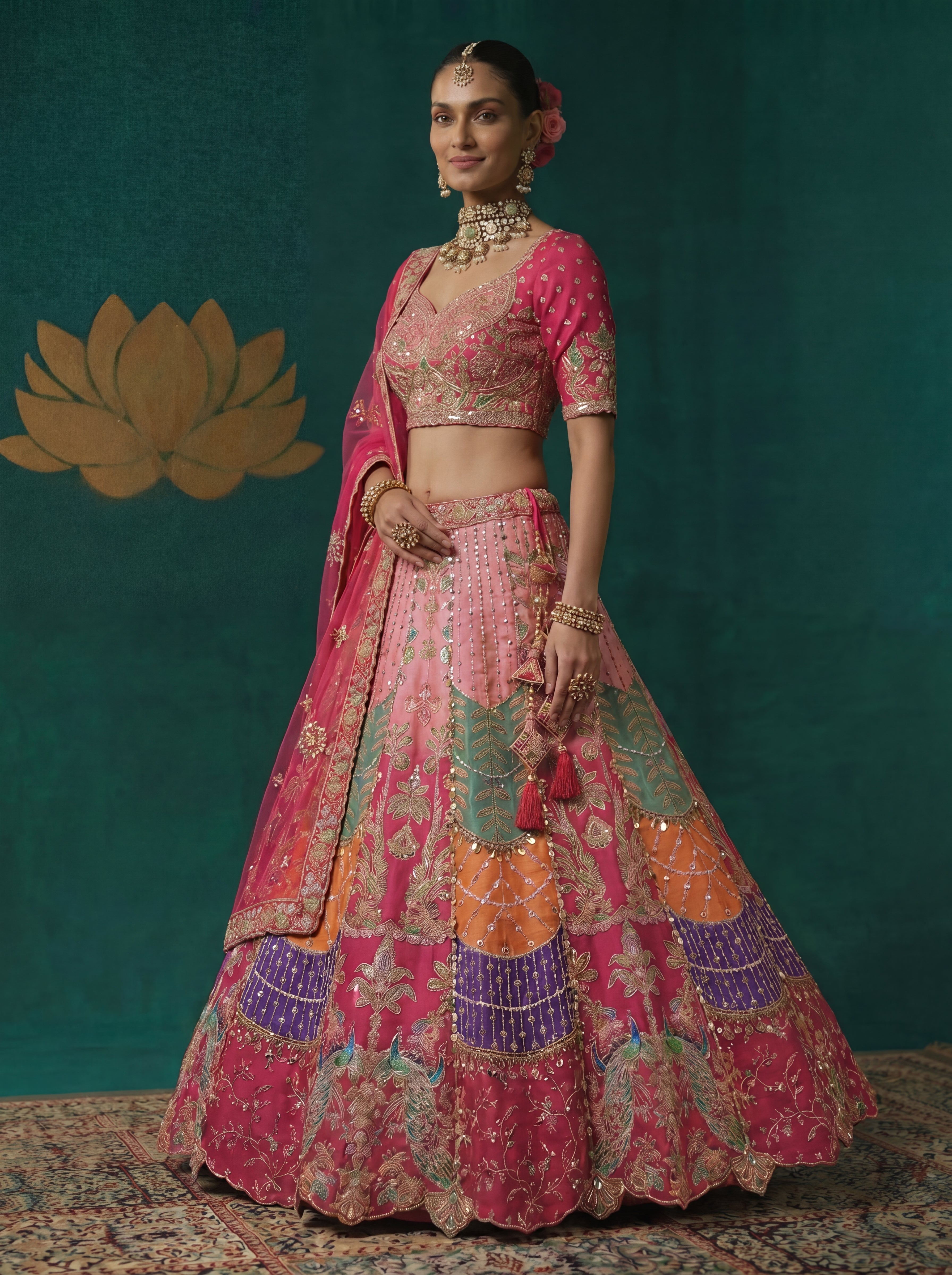 Hot Pink Viscose Sequins Embroidered Bridal Lehenga Choli Set