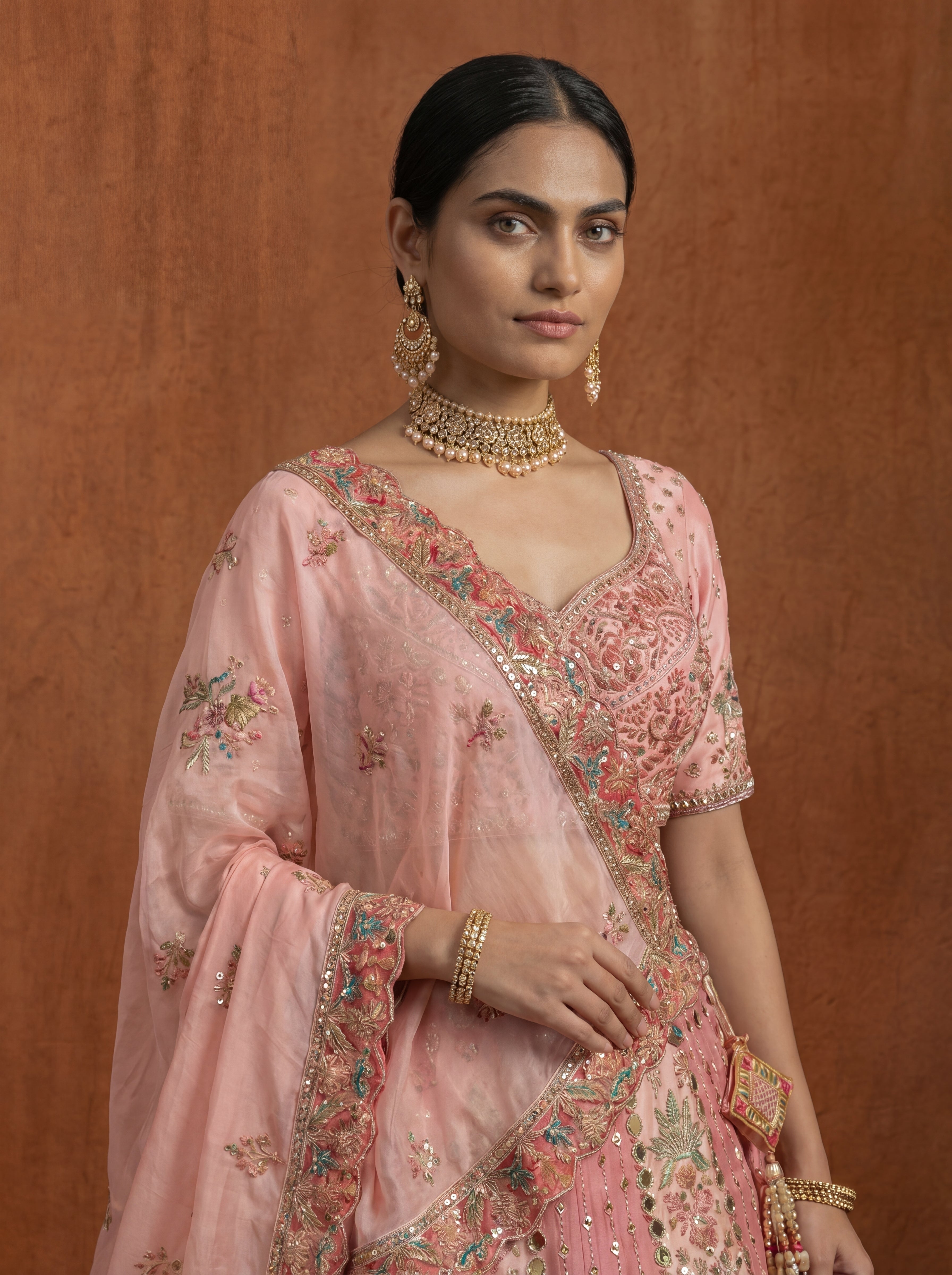 Blush Pink Viscose Sequins Cording Bridal Lehenga Choli Set