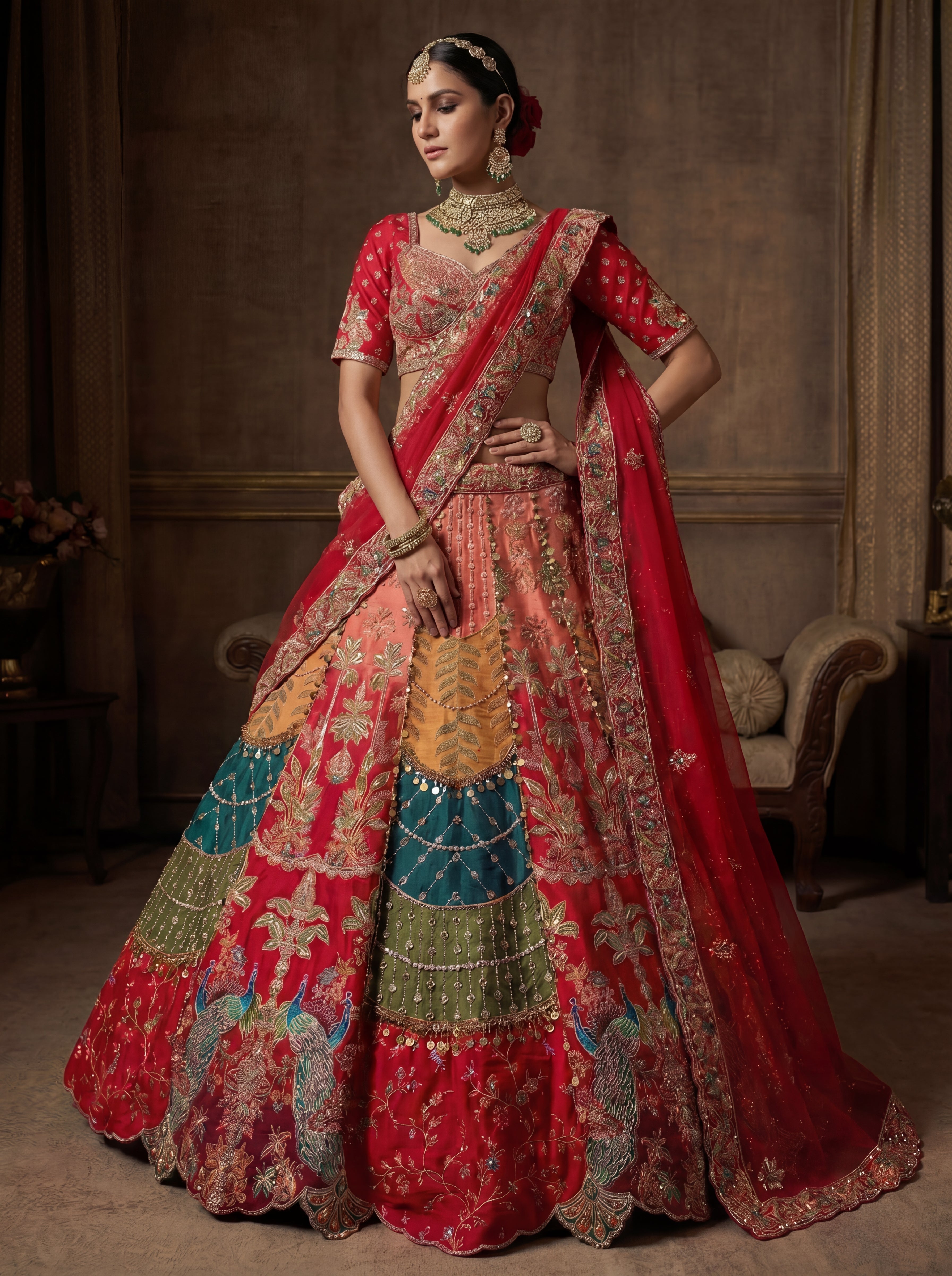Crimson Red Viscose Sequins Cording Bridal Lehenga Choli Set