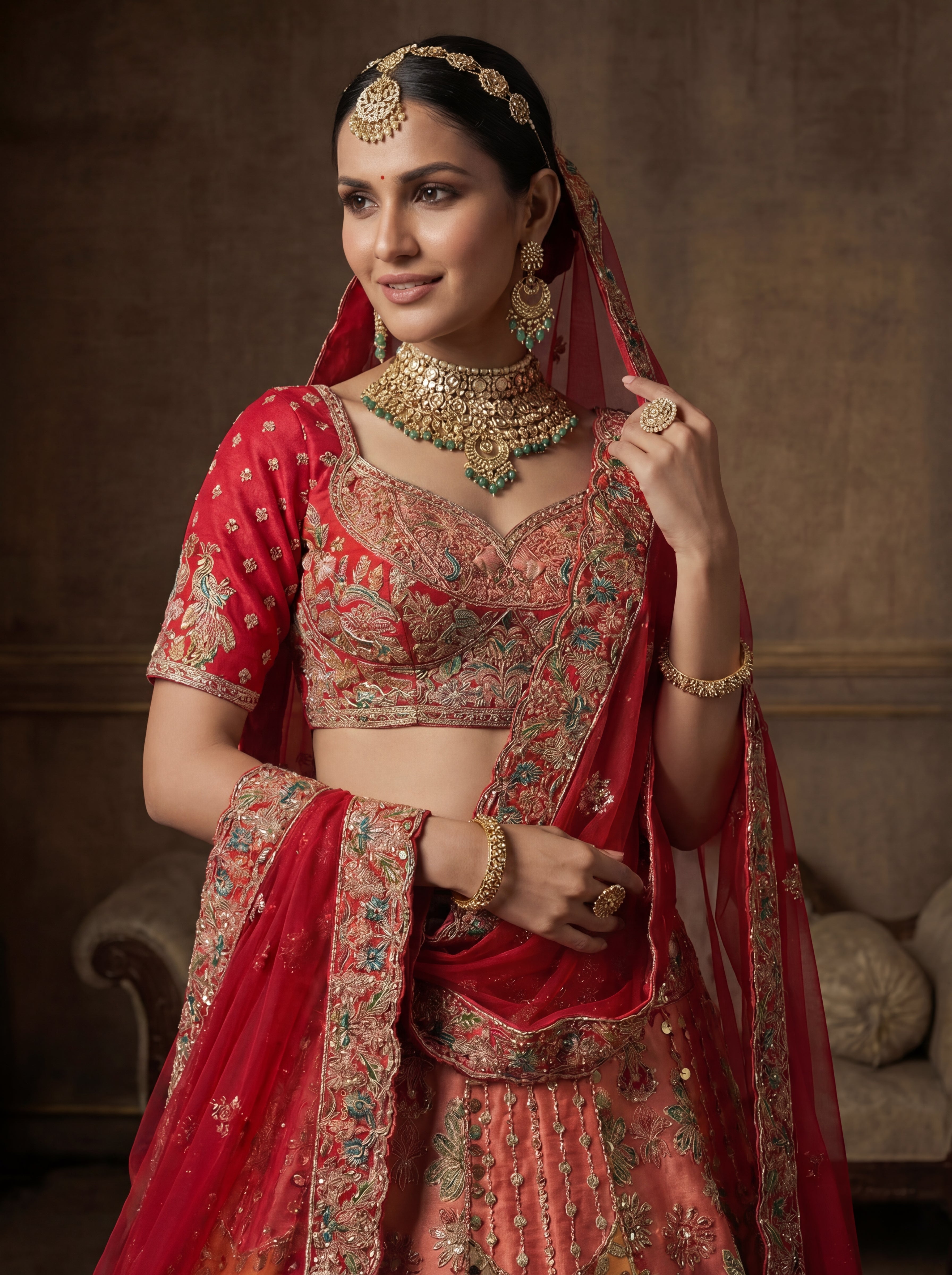 Crimson Red Viscose Sequins Cording Bridal Lehenga Choli Set