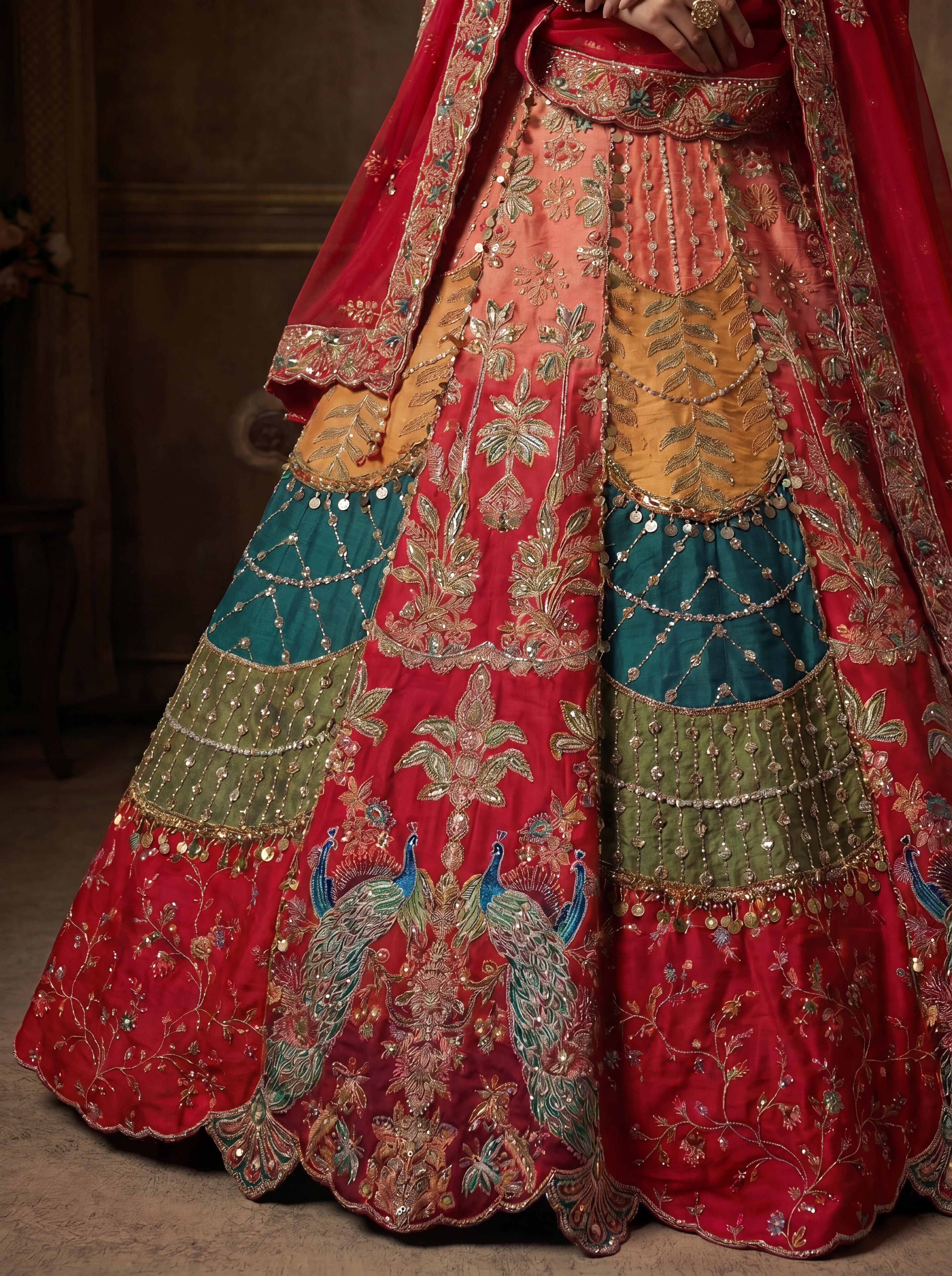 Crimson Red Viscose Sequins Cording Bridal Lehenga Choli Set