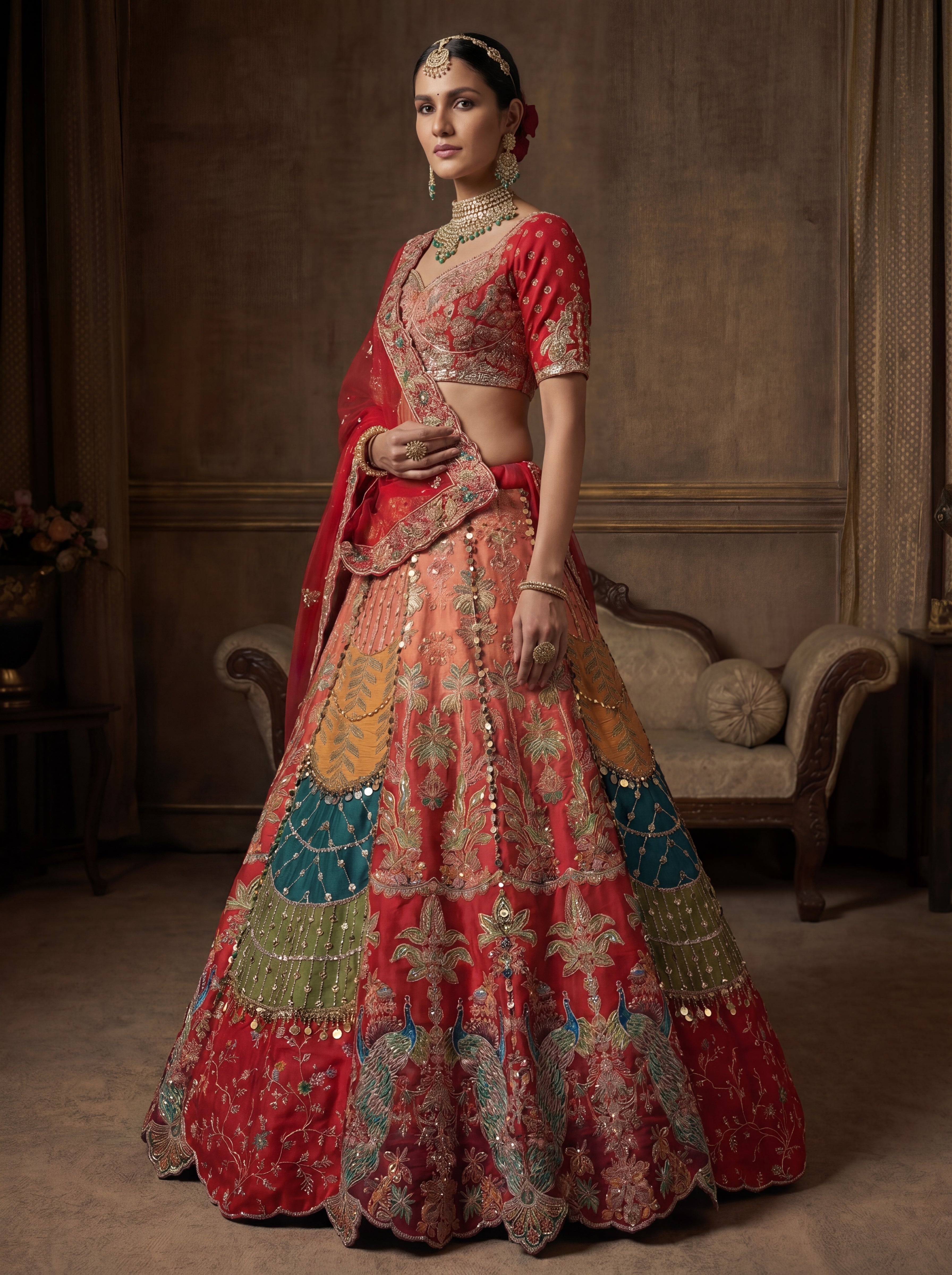 Crimson Red Viscose Sequins Cording Bridal Lehenga Choli Set