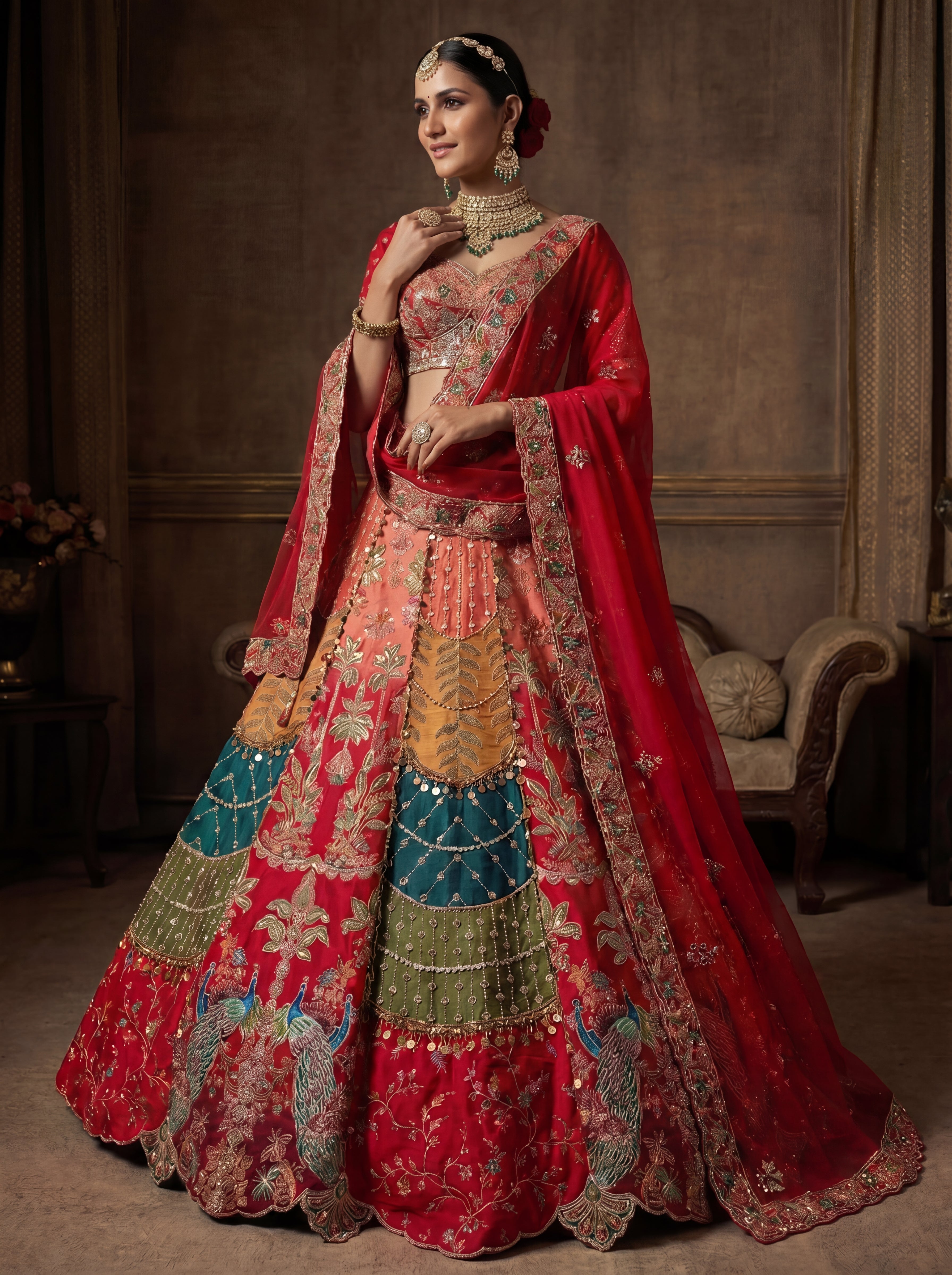 Crimson Red Viscose Sequins Cording Bridal Lehenga Choli Set