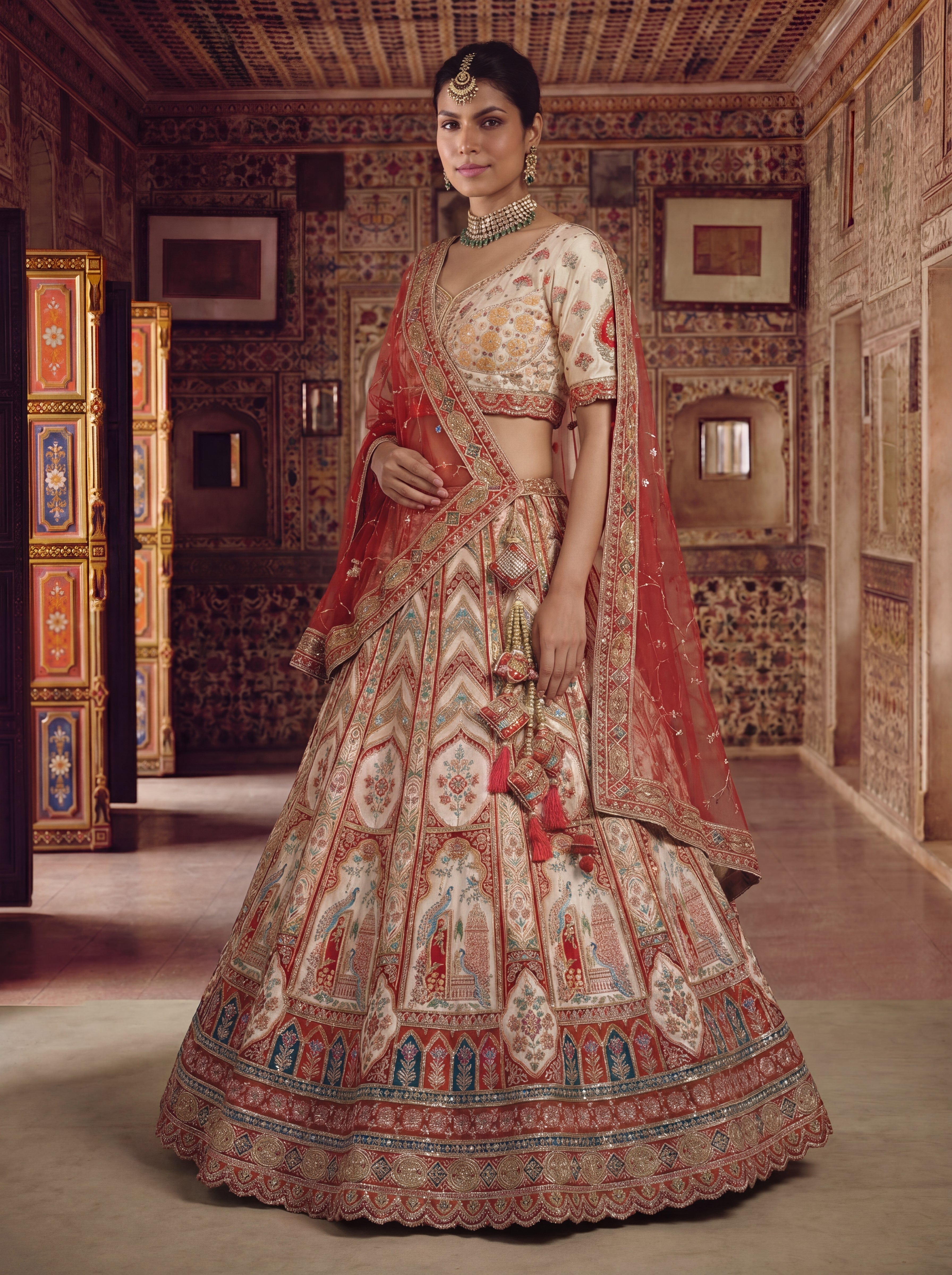 Ivory Cream Viscose Position Printed Sequins Bridal Lehenga Choli