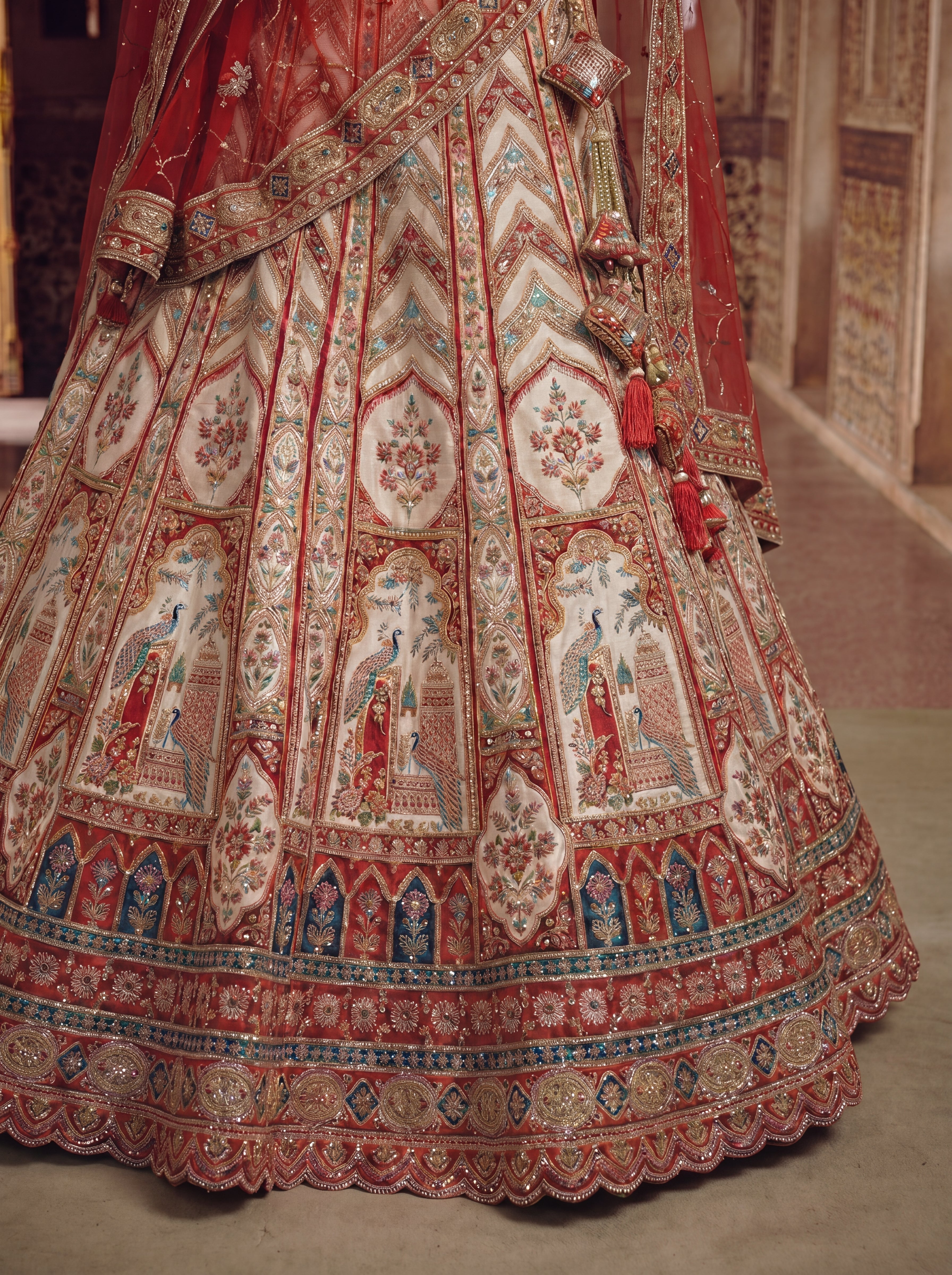 Ivory Cream Viscose Position Printed Sequins Bridal Lehenga Choli