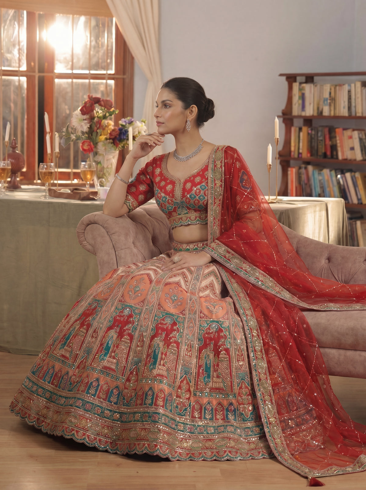 Cherry Red Viscose Sequins Cording Bridal Lehenga Choli Set