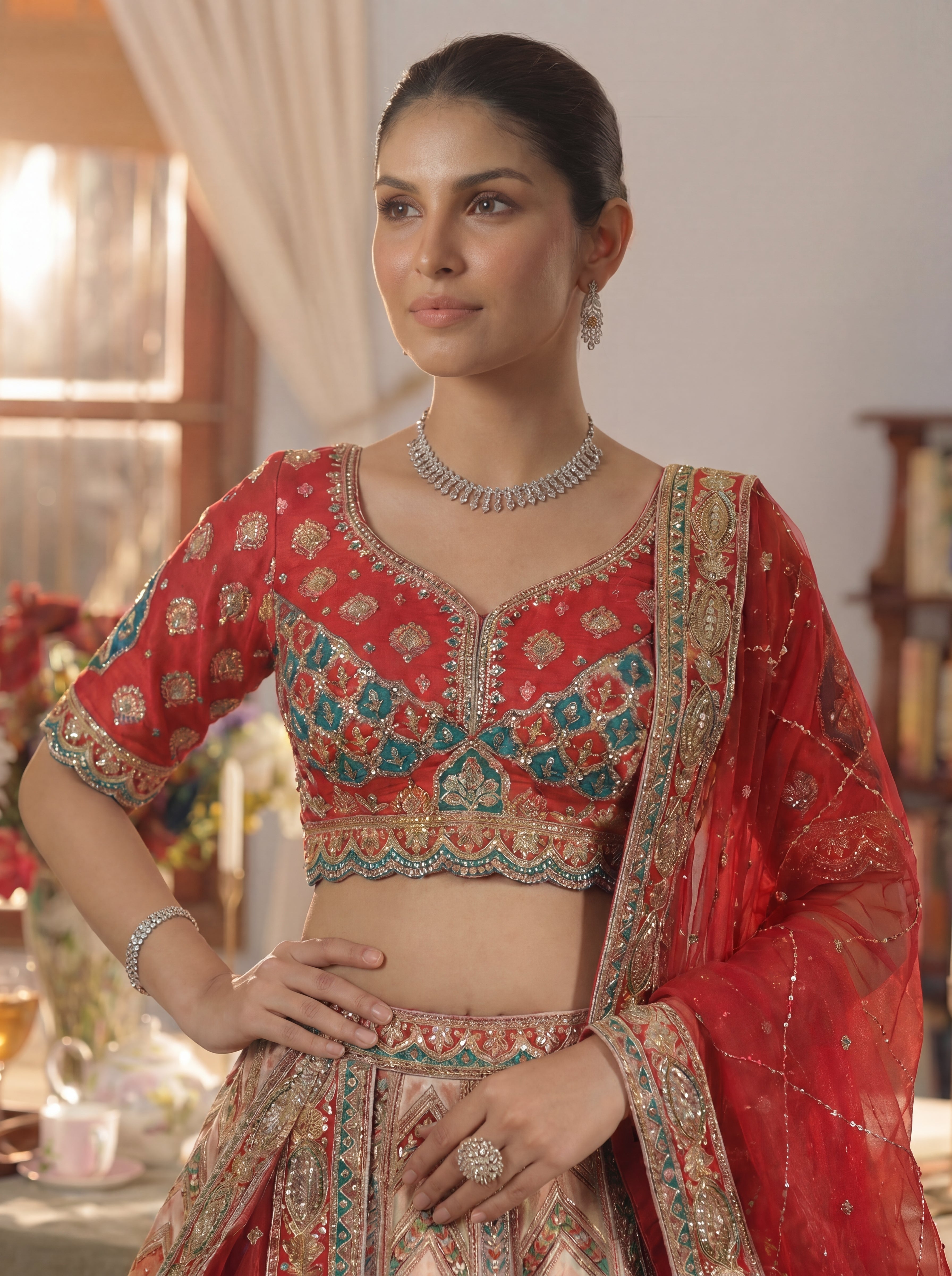 Cherry Red Viscose Sequins Cording Bridal Lehenga Choli Set