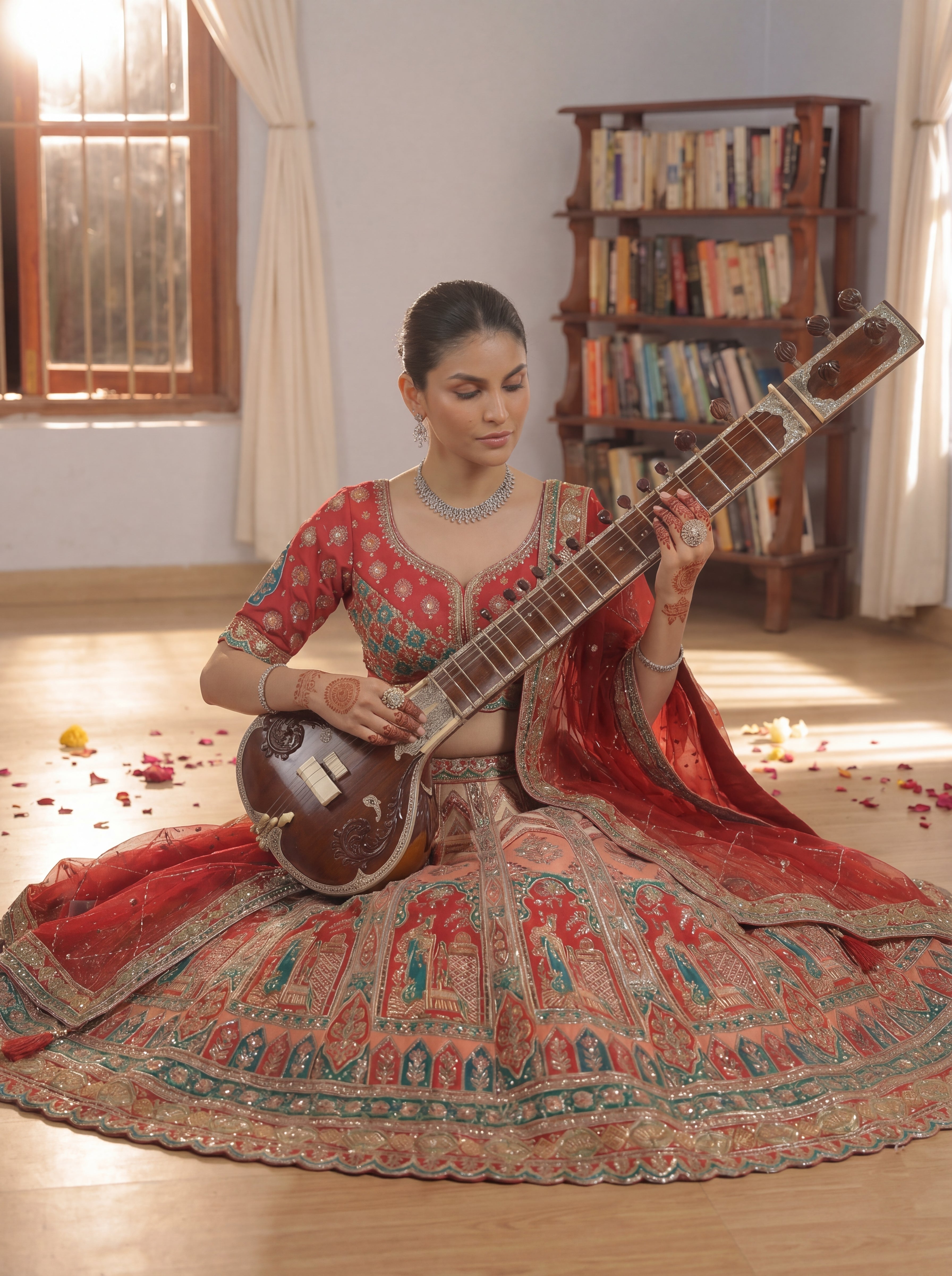 Cherry Red Viscose Sequins Cording Bridal Lehenga Choli Set