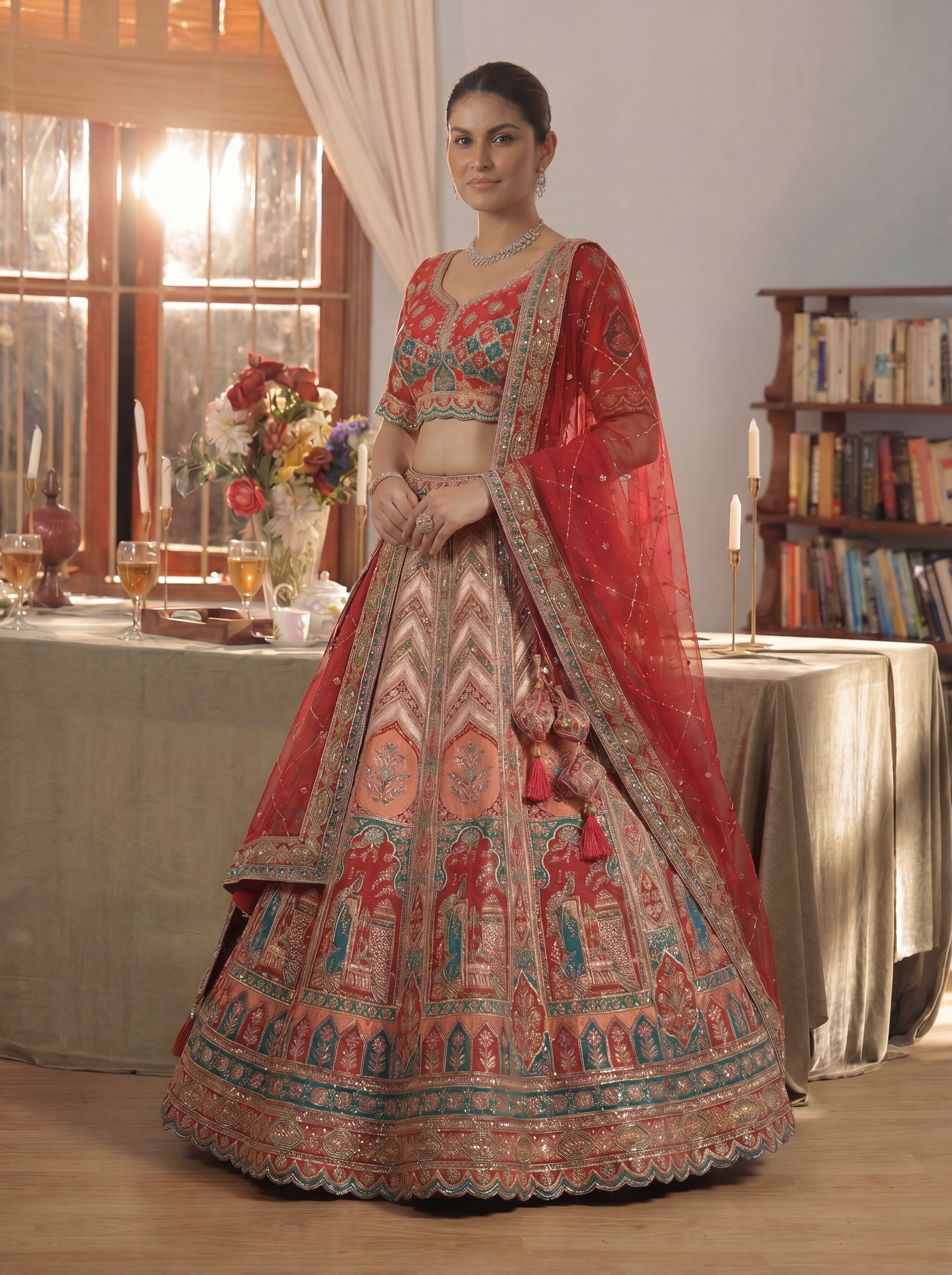 Cherry Red Viscose Sequins Cording Bridal Lehenga Choli Set
