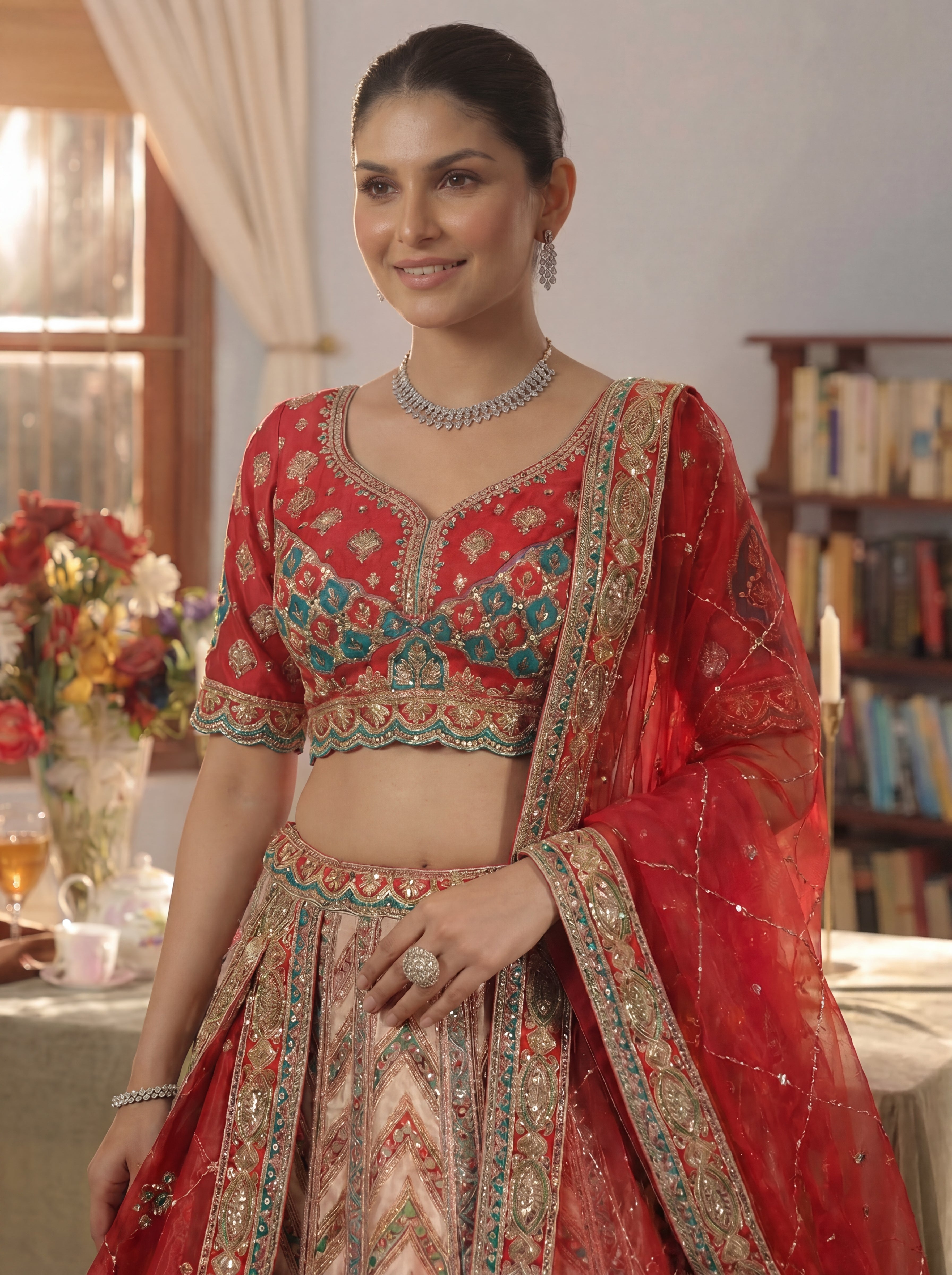 Cherry Red Viscose Sequins Cording Bridal Lehenga Choli Set