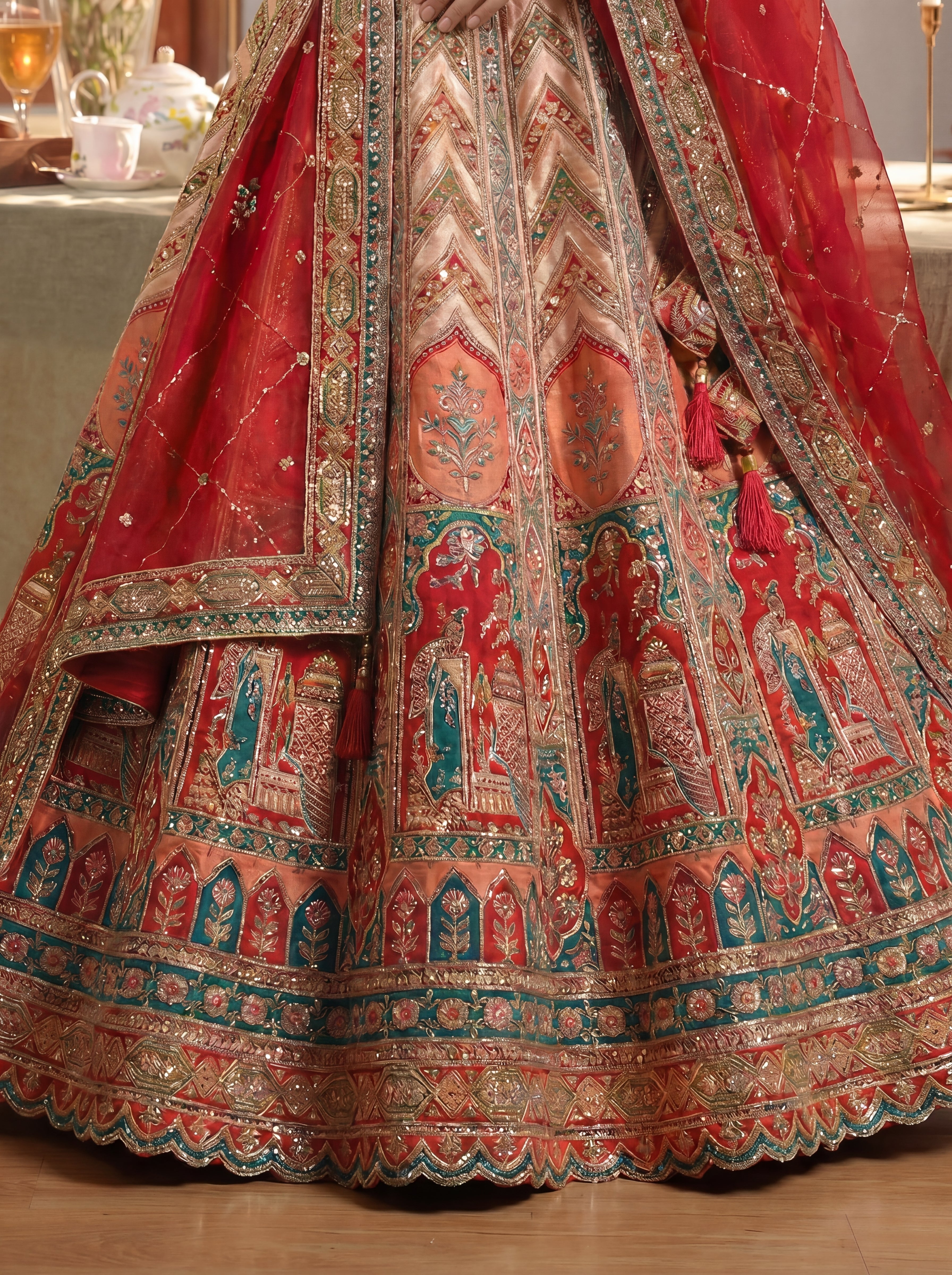 Cherry Red Viscose Sequins Cording Bridal Lehenga Choli Set