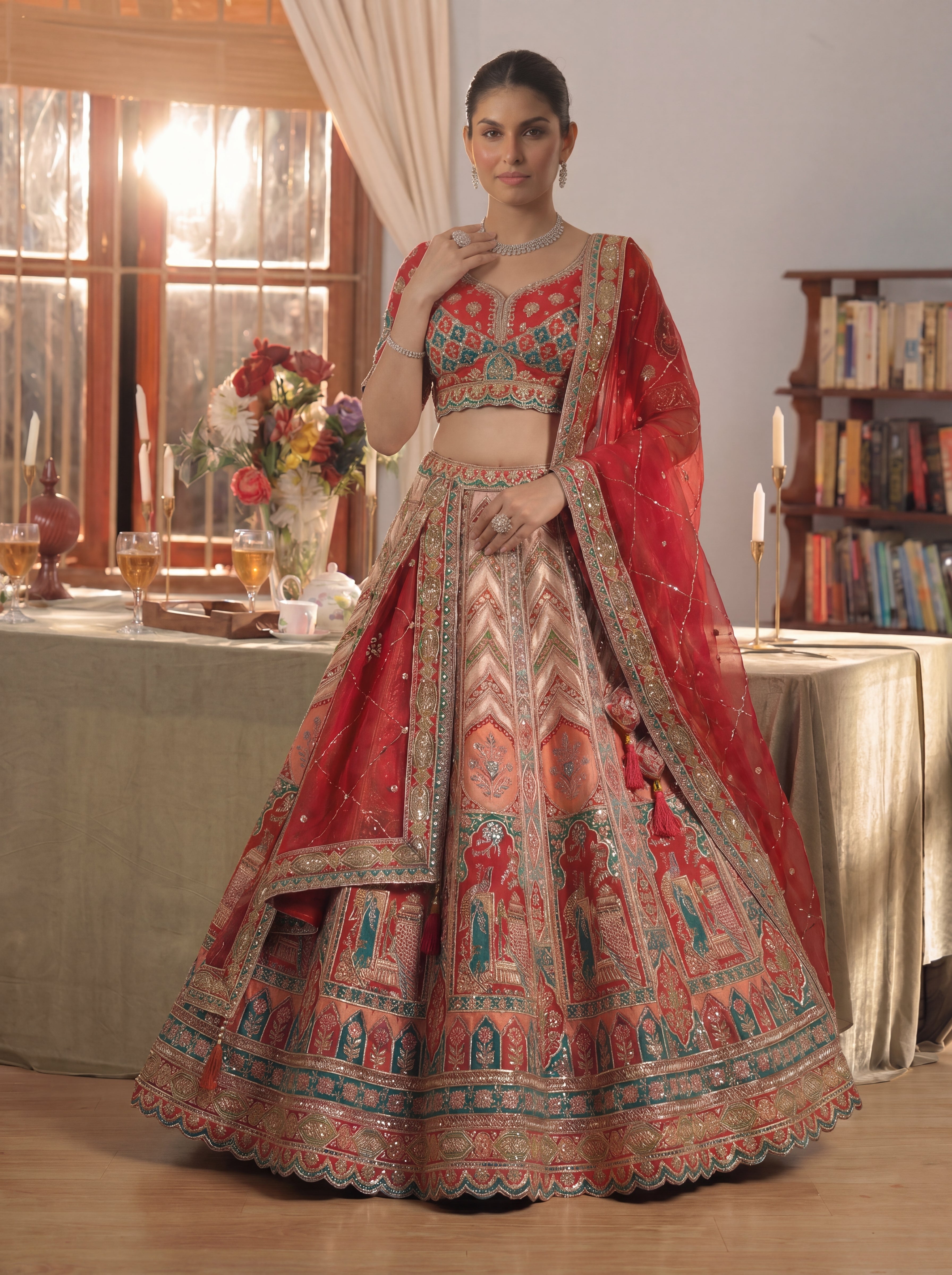 Cherry Red Viscose Sequins Cording Bridal Lehenga Choli Set