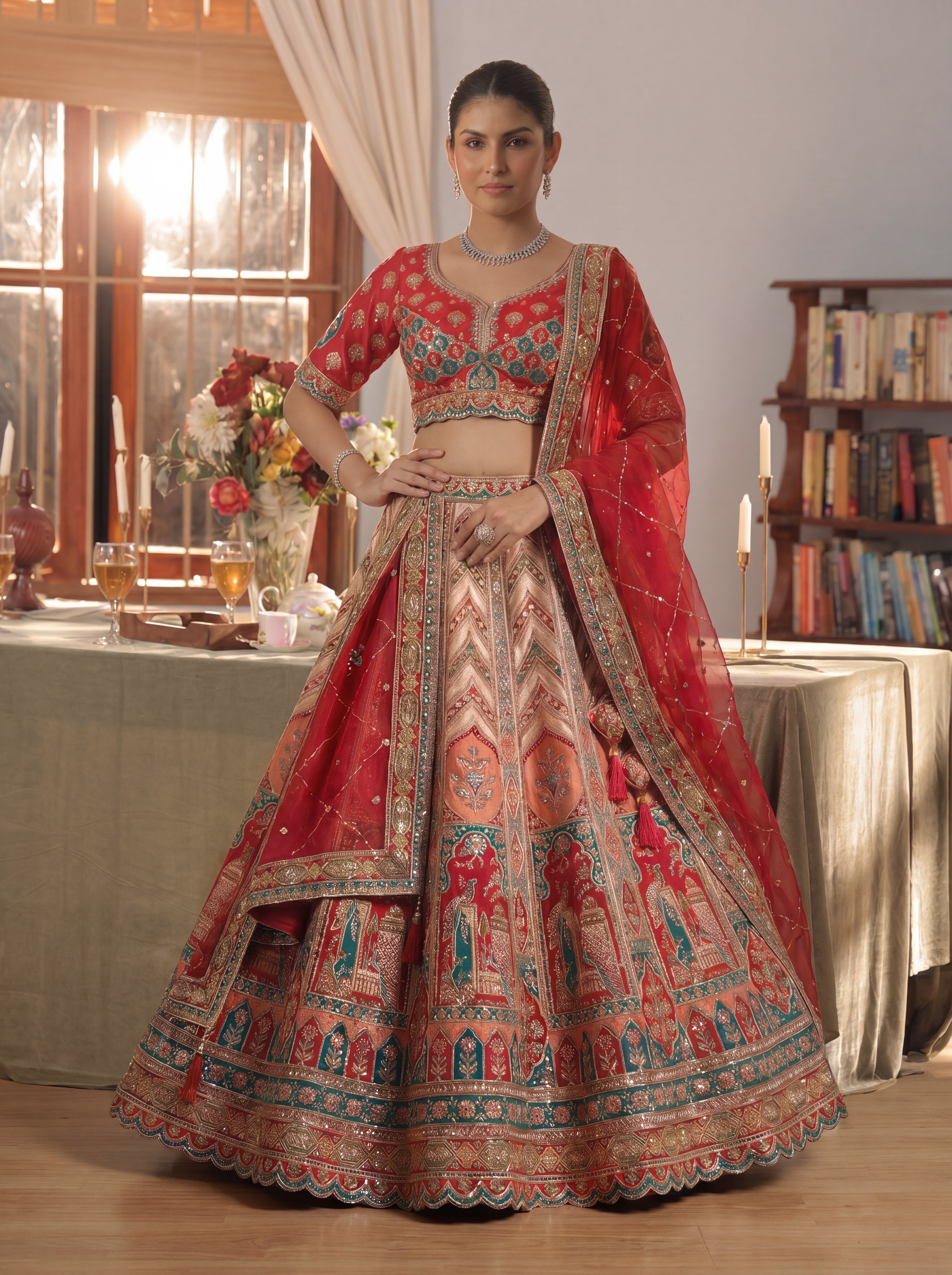 Cherry Red Viscose Sequins Cording Bridal Lehenga Choli Set