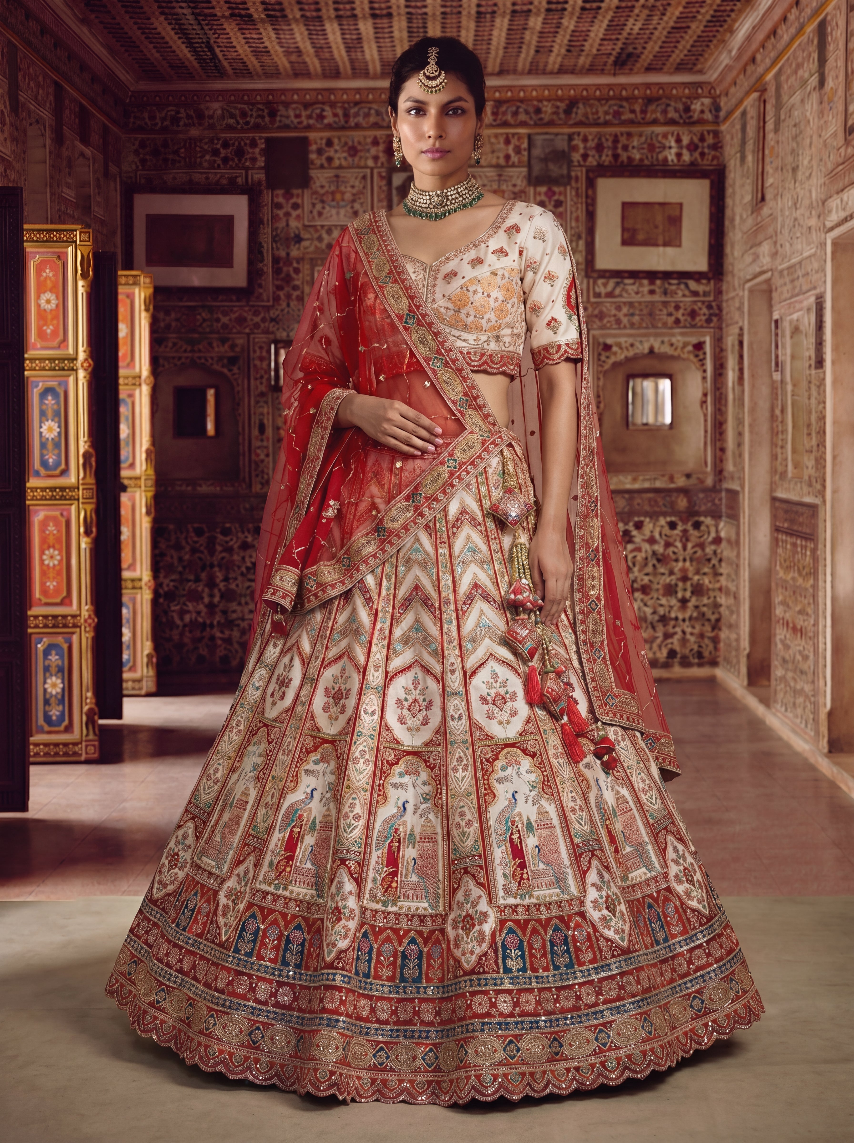 Ivory Cream Viscose Position Printed Sequins Bridal Lehenga Choli