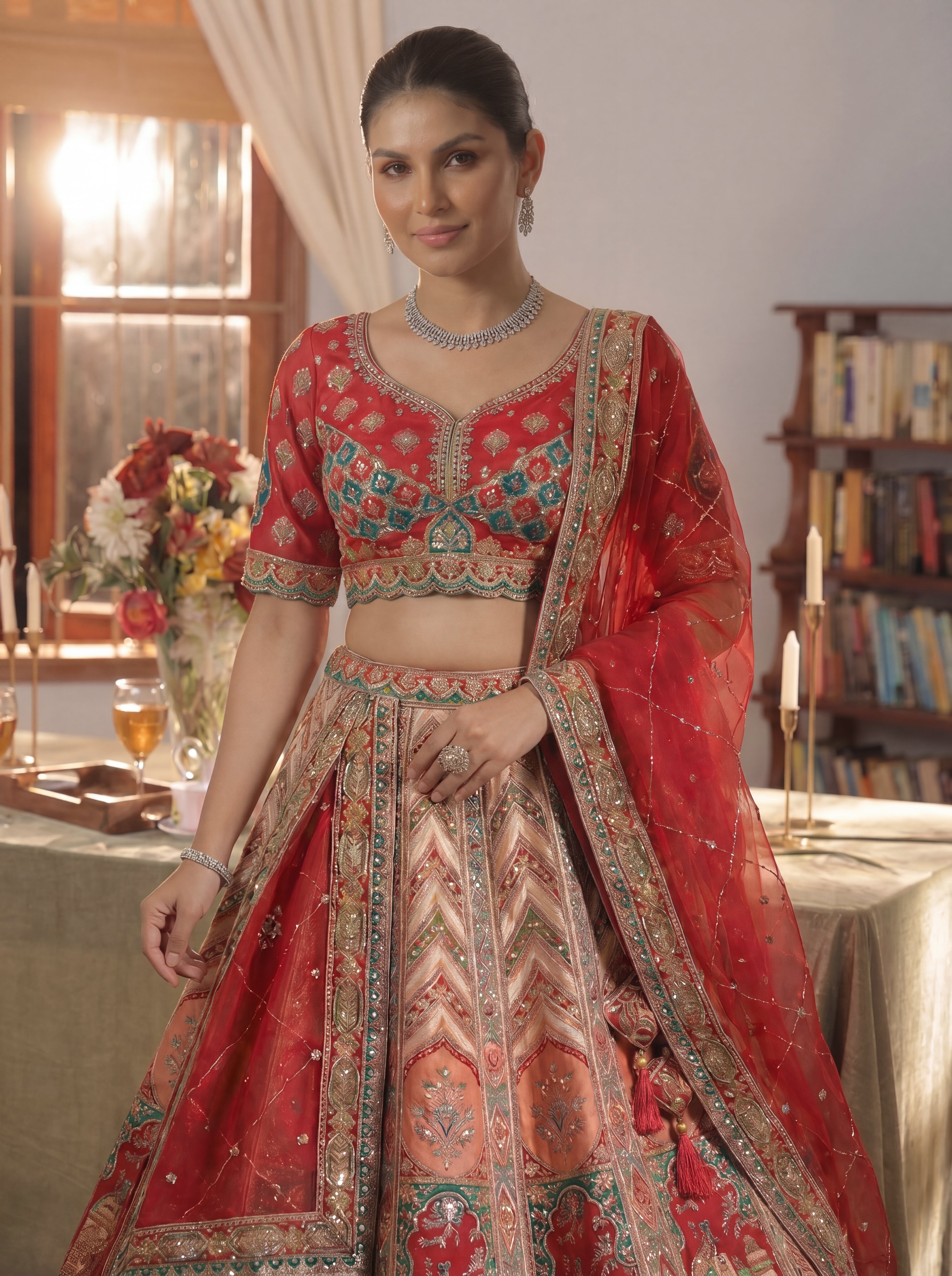 Cherry Red Viscose Sequins Cording Bridal Lehenga Choli Set