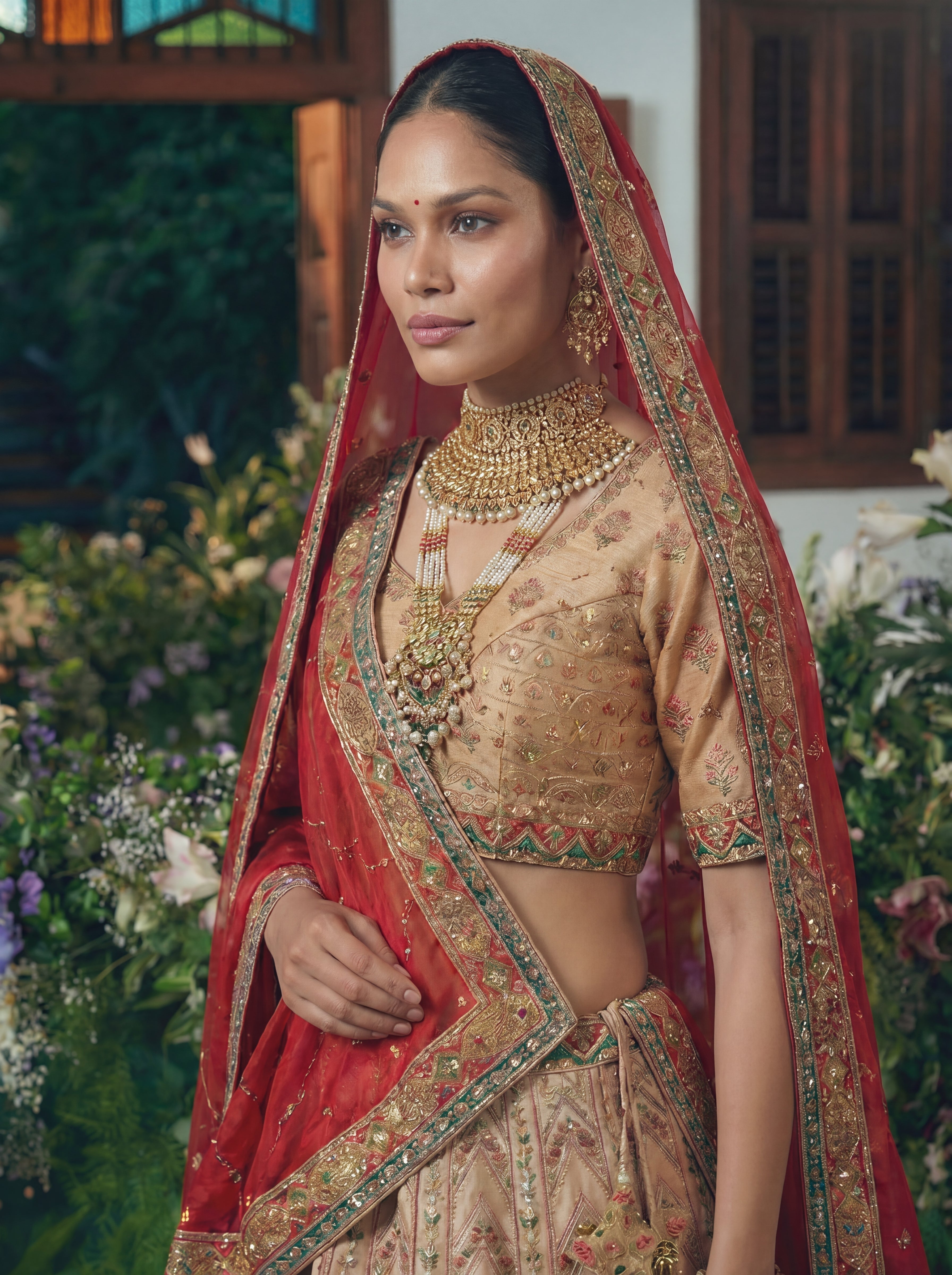 Champagne Gold Viscose Sequins Cording Bridal Lehenga Choli Set