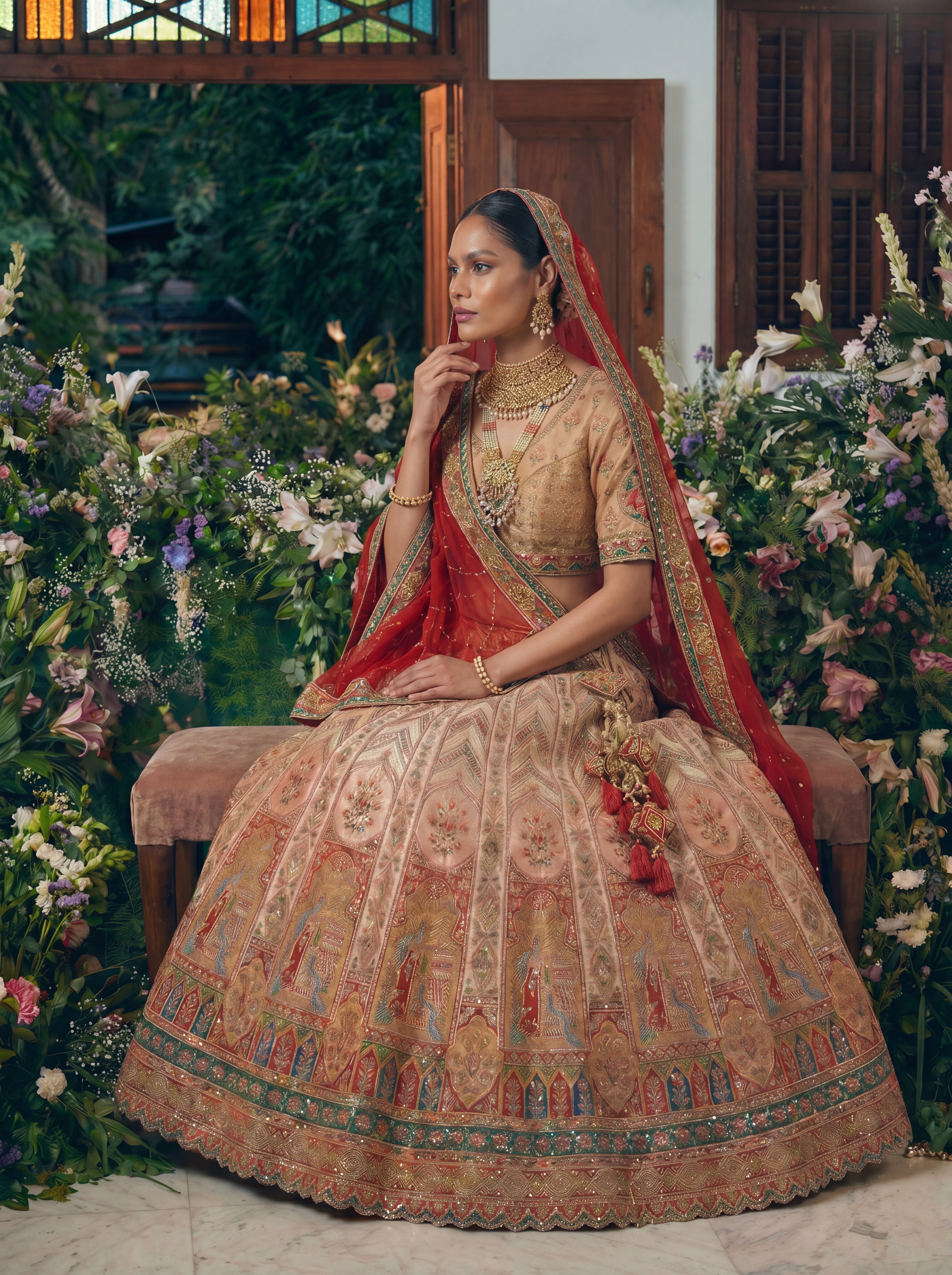Champagne Gold Viscose Sequins Cording Bridal Lehenga Choli Set