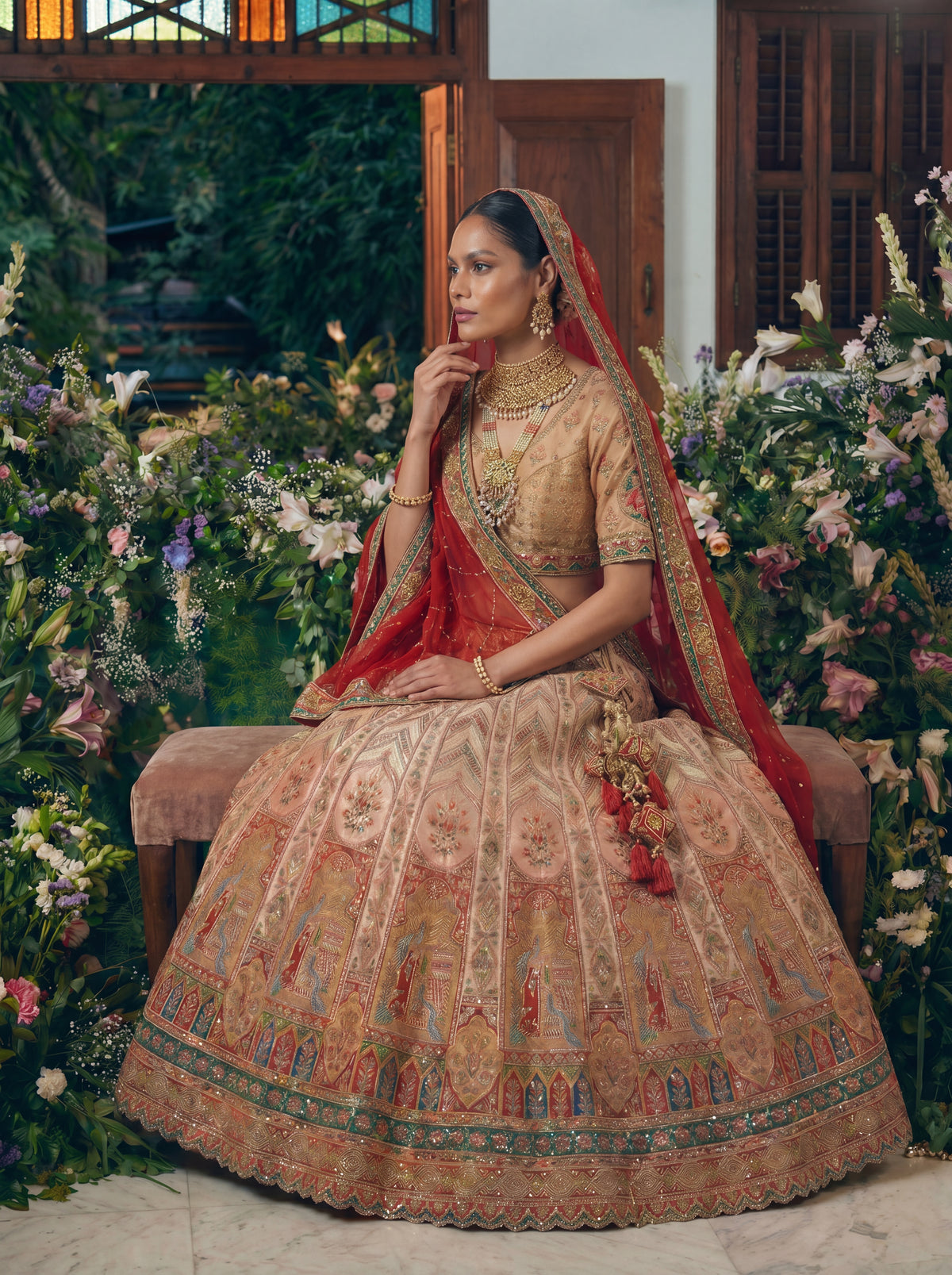 Champagne Gold Viscose Sequins Cording Bridal Lehenga Choli Set