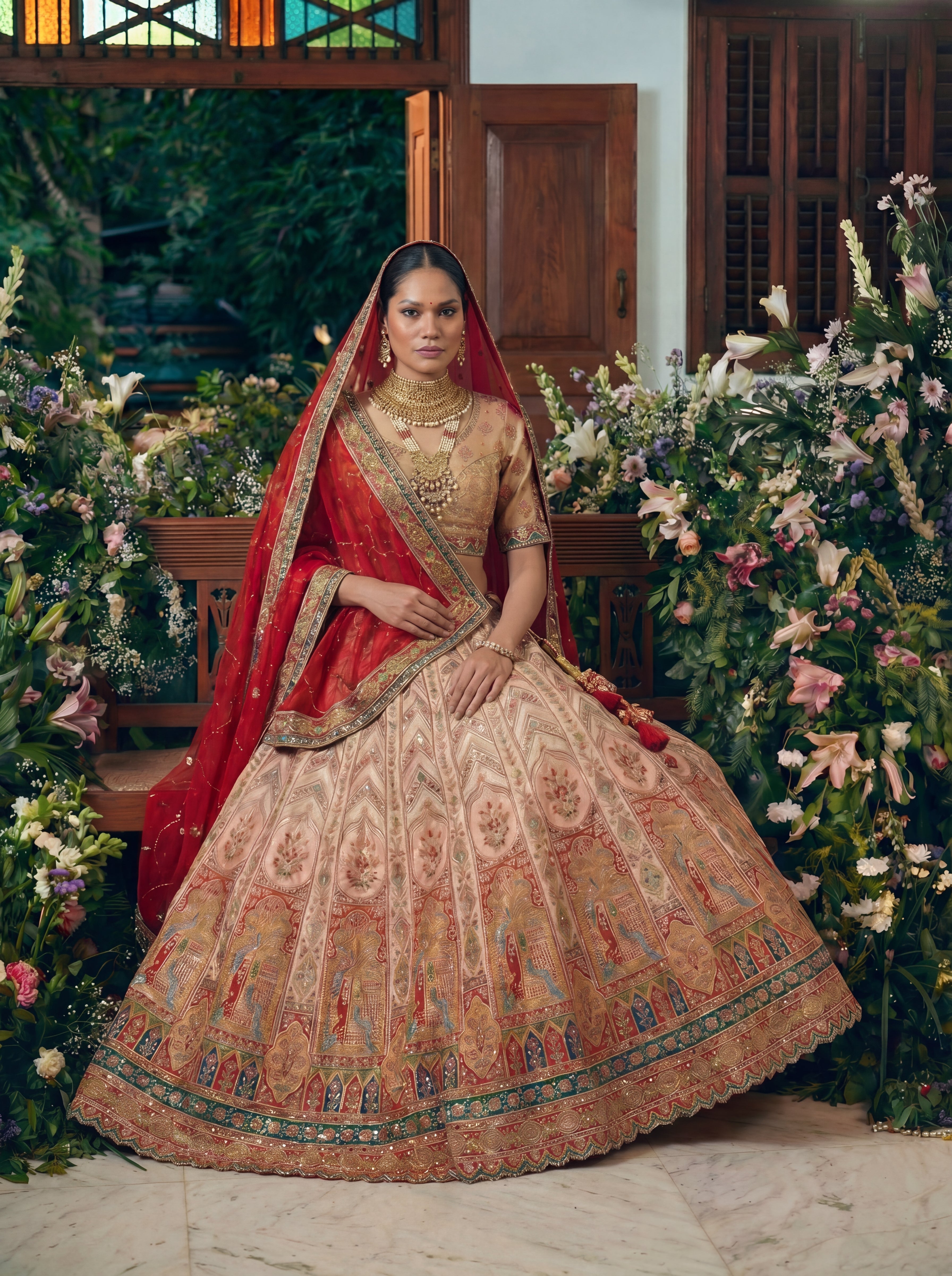Champagne Gold Viscose Sequins Cording Bridal Lehenga Choli Set
