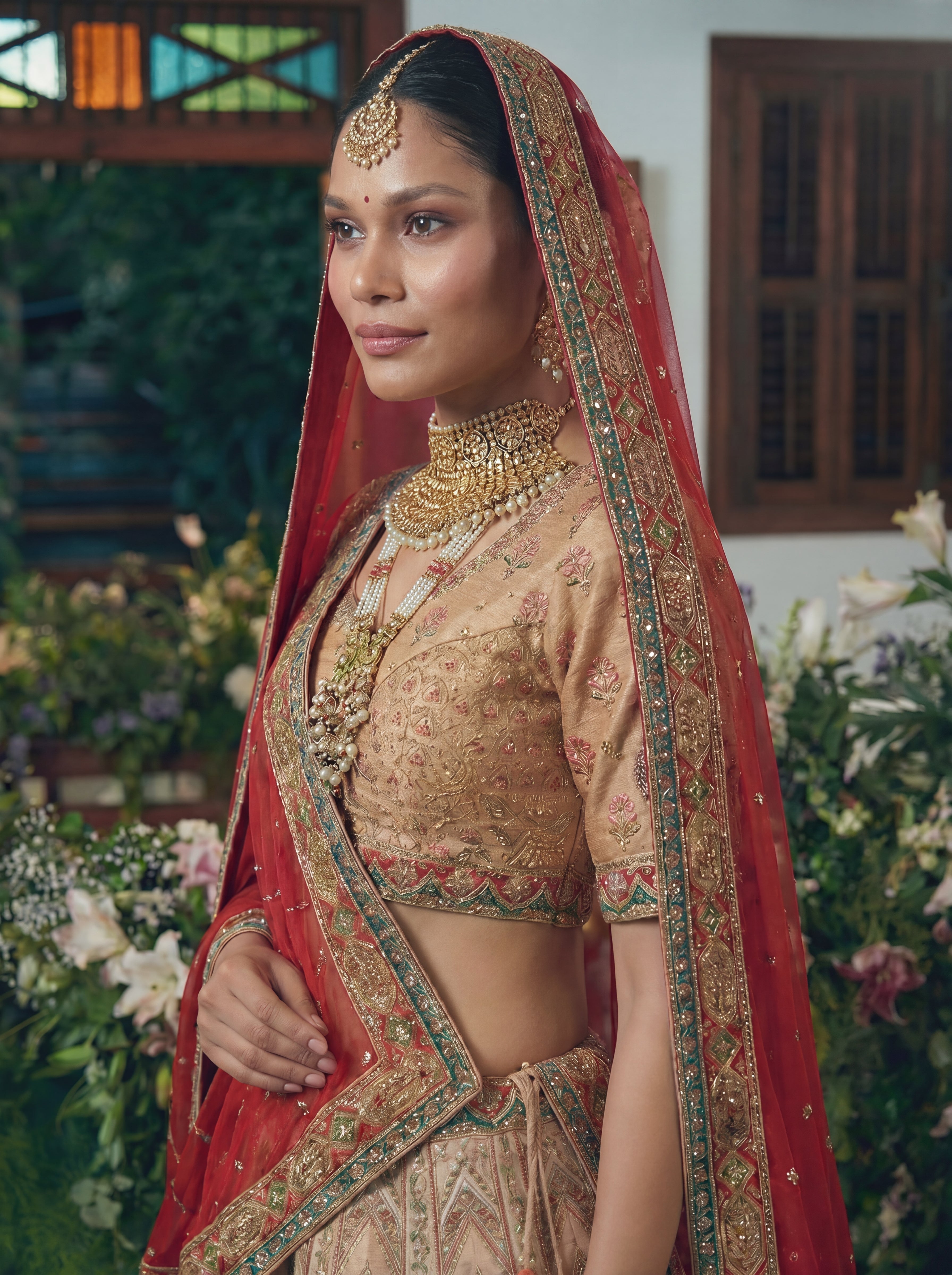 Champagne Gold Viscose Sequins Cording Bridal Lehenga Choli Set
