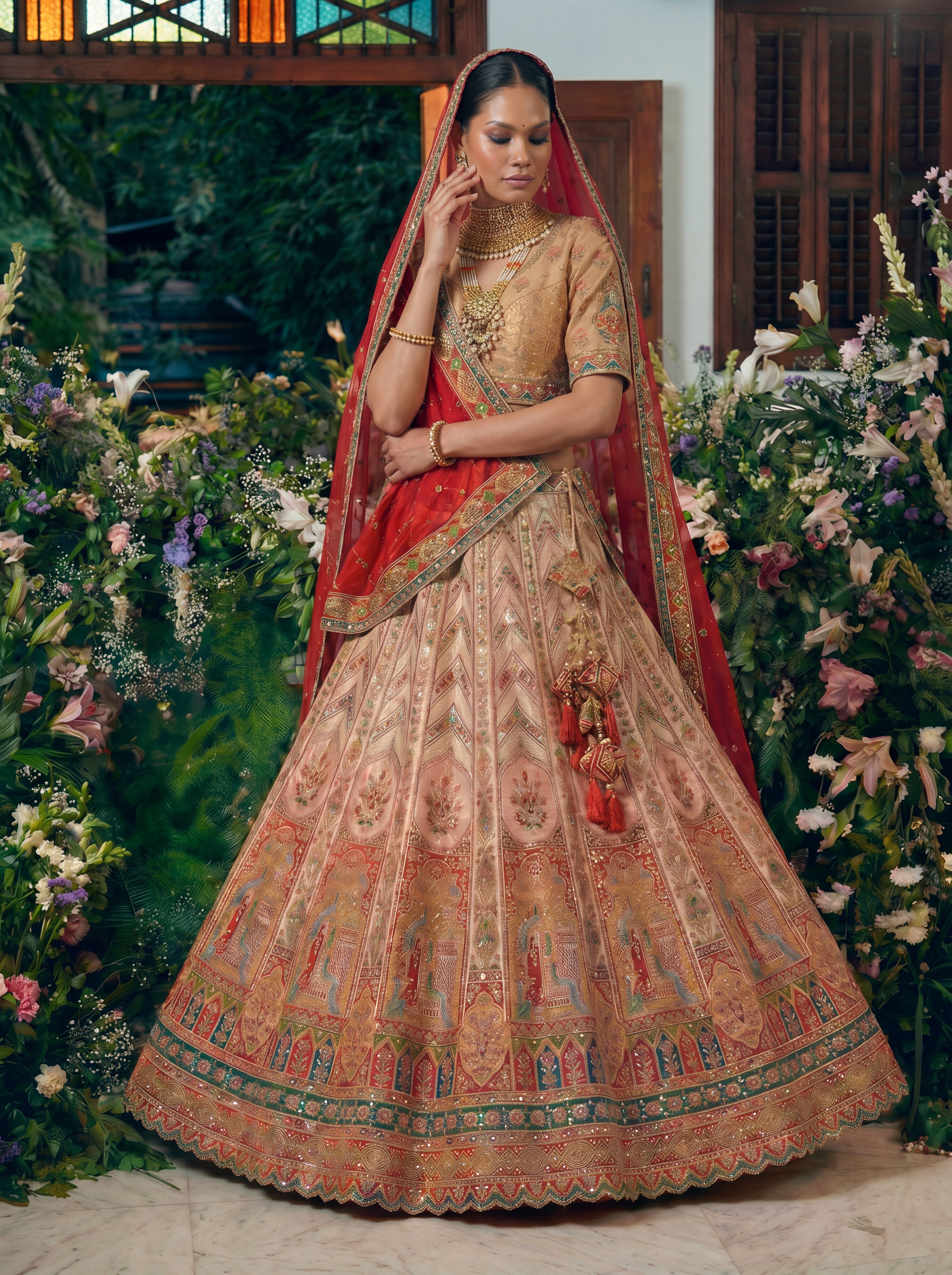 Champagne Gold Viscose Sequins Cording Bridal Lehenga Choli Set