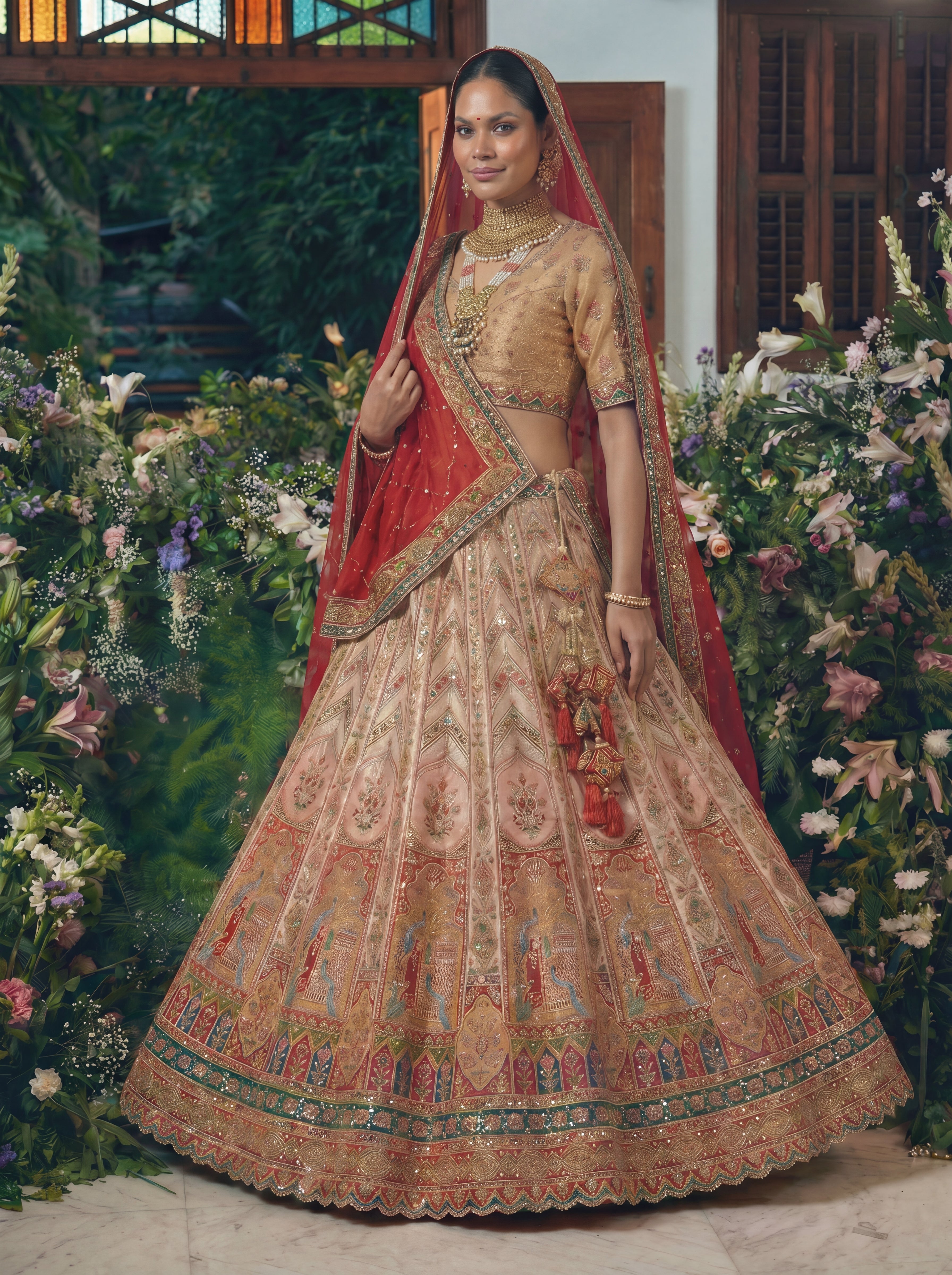 Champagne Gold Viscose Sequins Cording Bridal Lehenga Choli Set