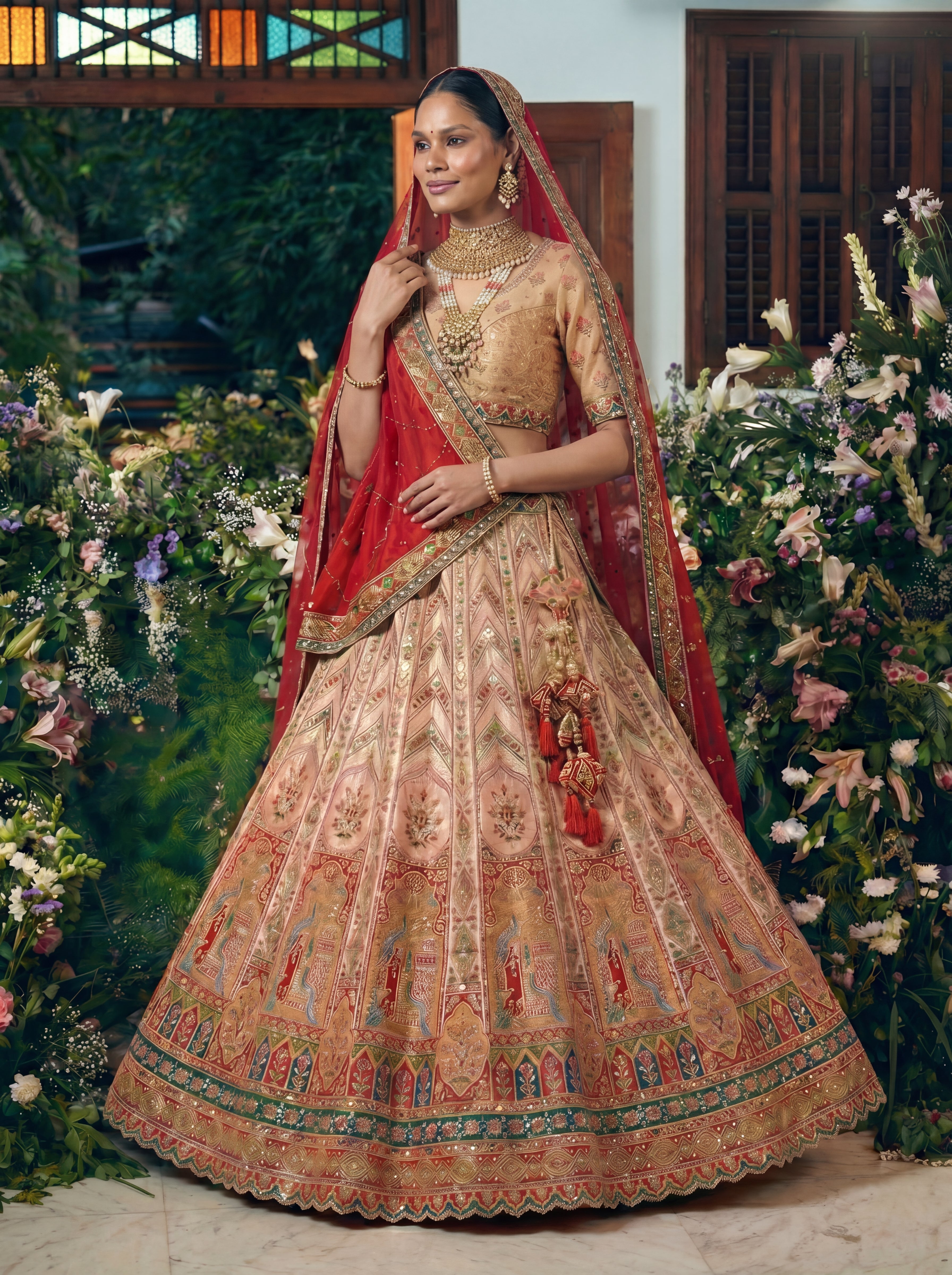 Champagne Gold Viscose Sequins Cording Bridal Lehenga Choli Set