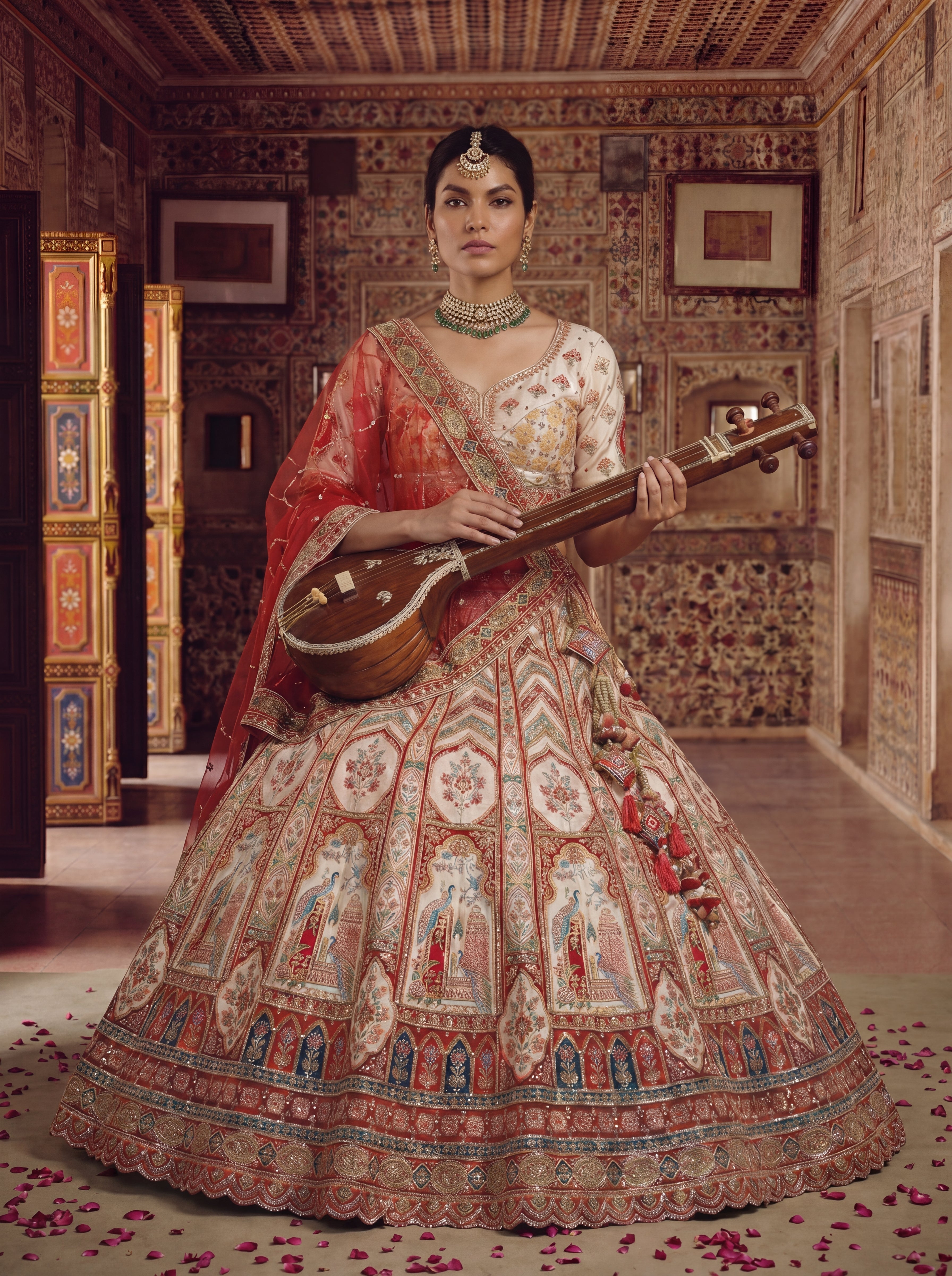 Ivory Cream Viscose Position Printed Sequins Bridal Lehenga Choli