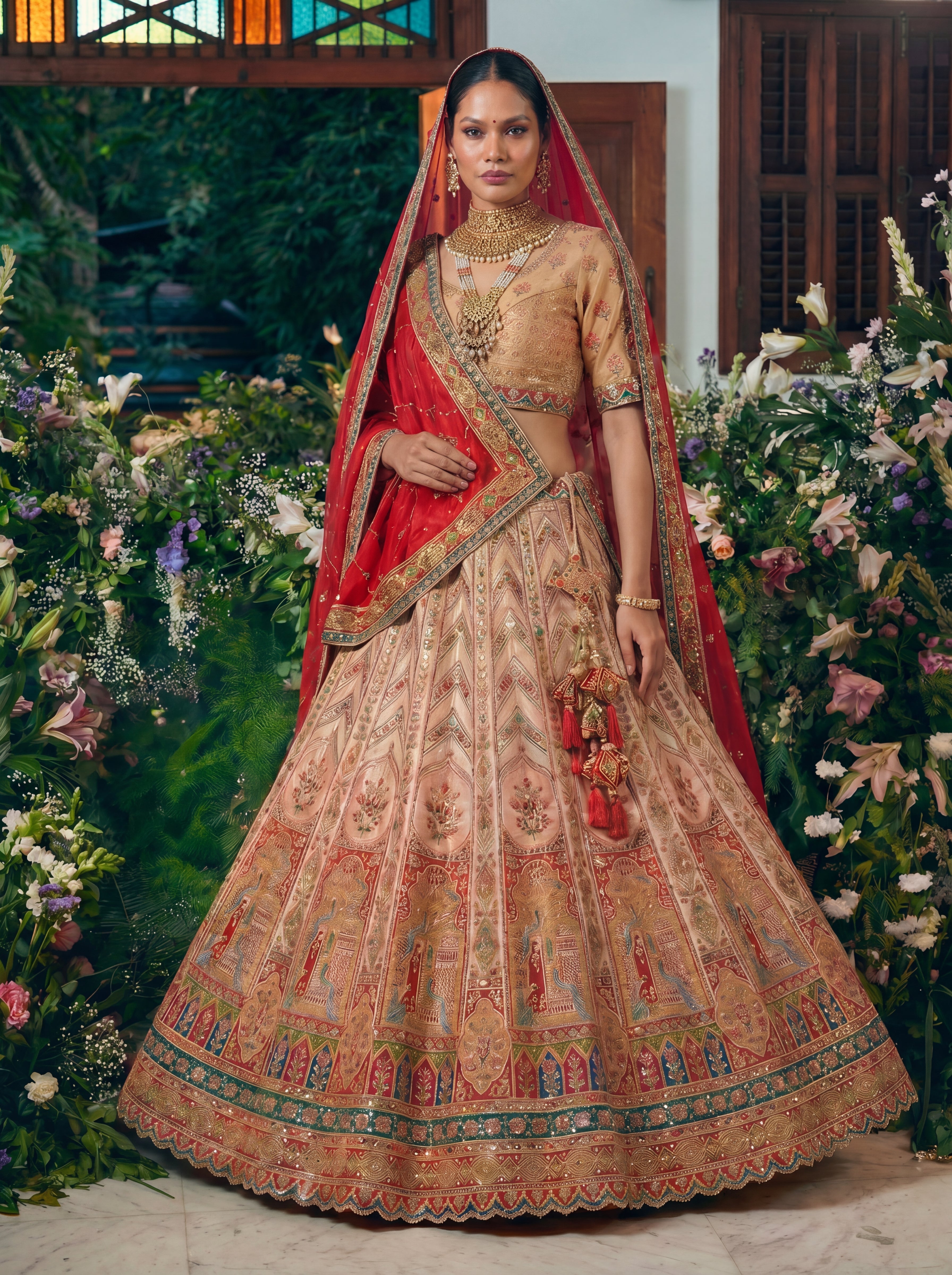 Champagne Gold Viscose Sequins Cording Bridal Lehenga Choli Set