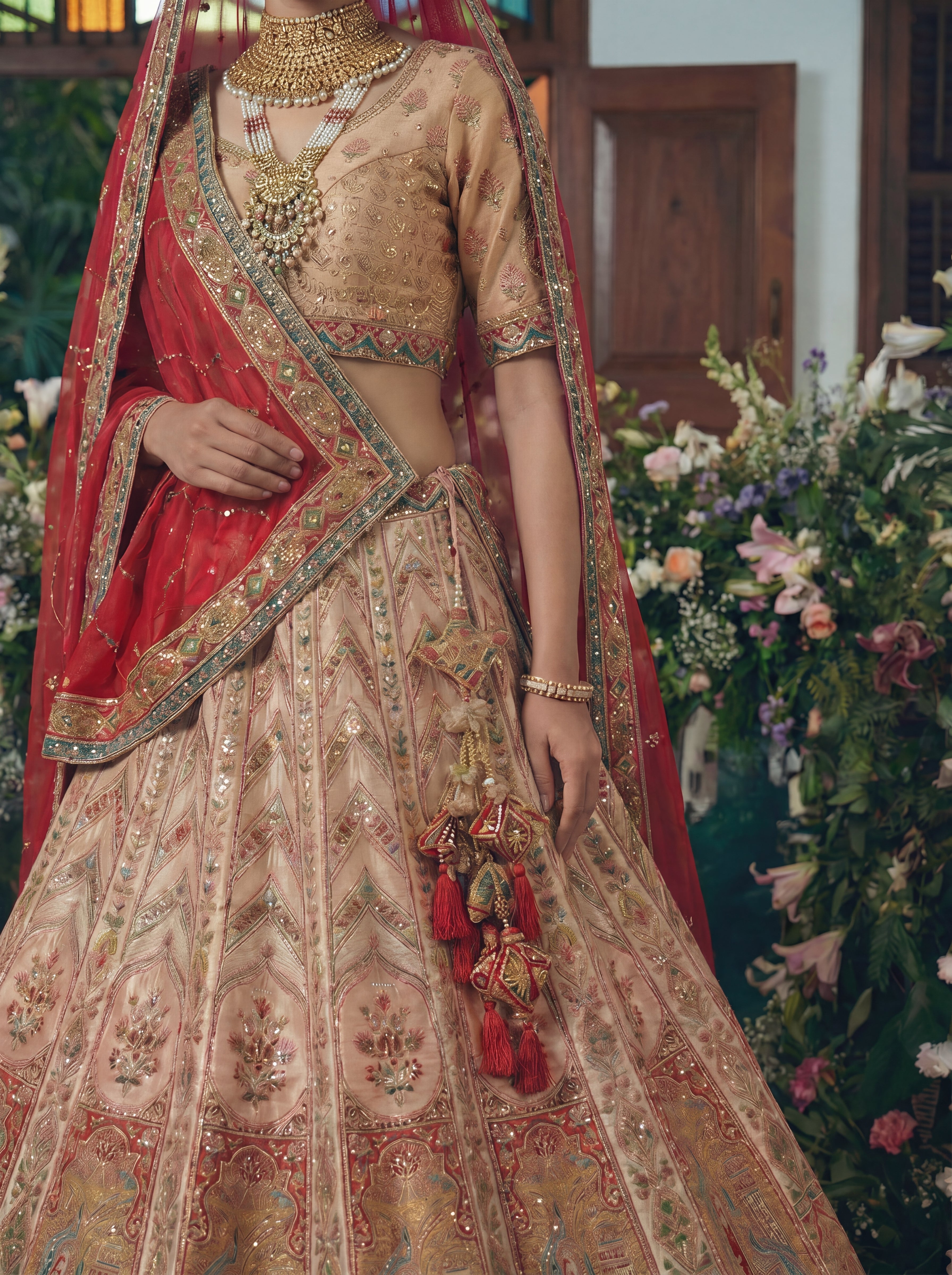 Champagne Gold Viscose Sequins Cording Bridal Lehenga Choli Set