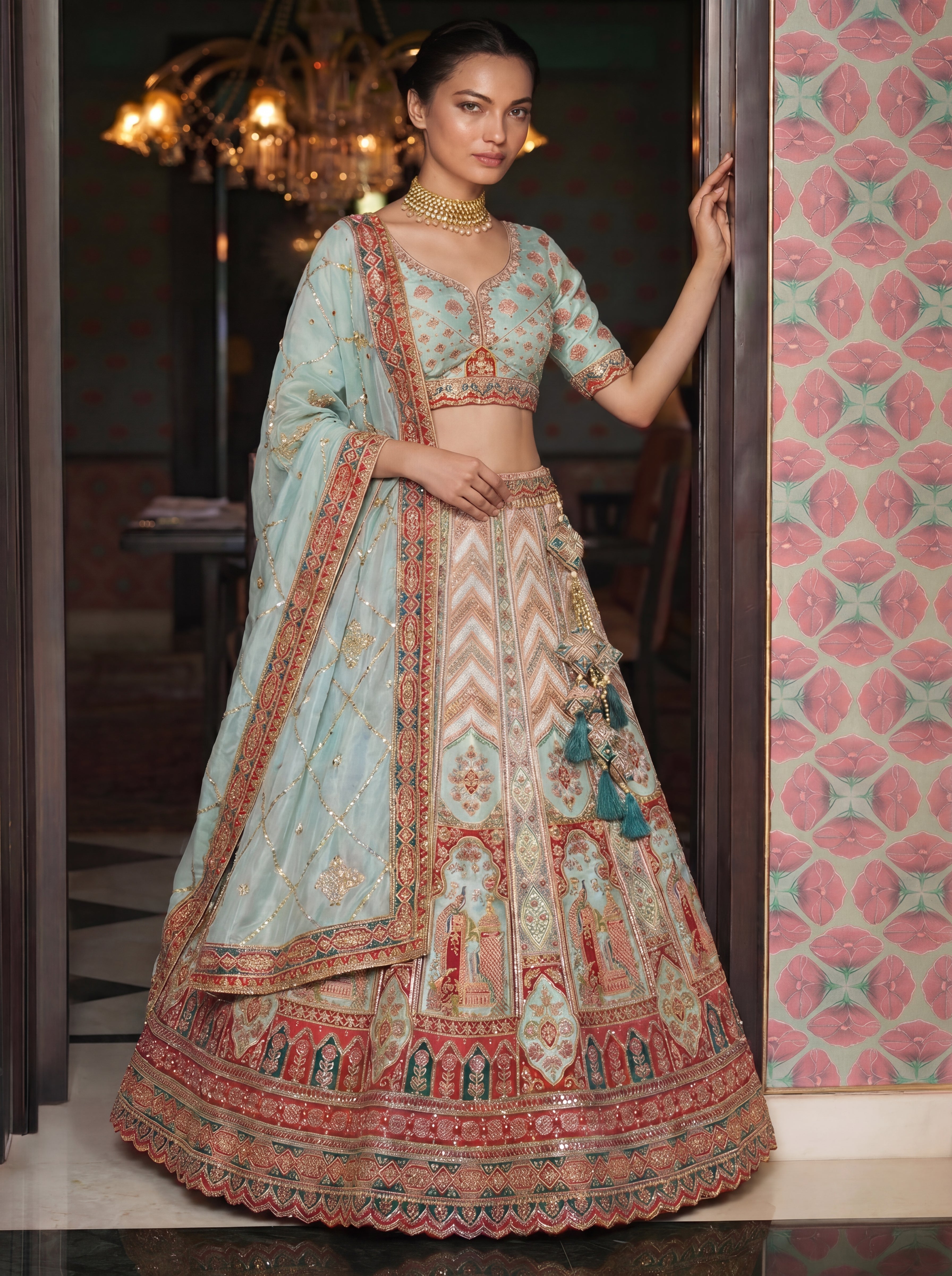 Pastel Green Viscose Sequins Embroidered Wedding Lehenga Choli Set