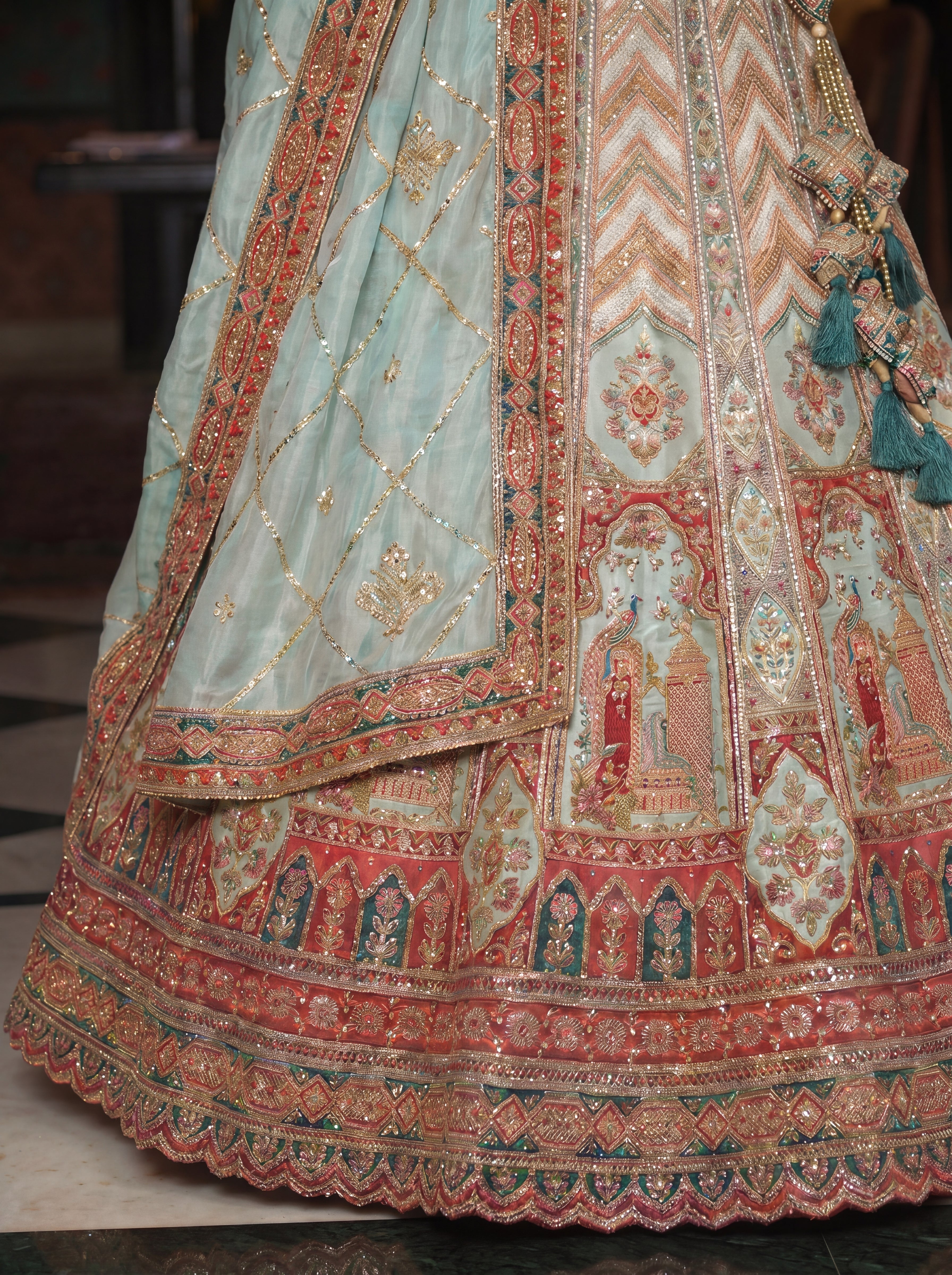 Pastel Green Viscose Sequins Embroidered Wedding Lehenga Choli Set