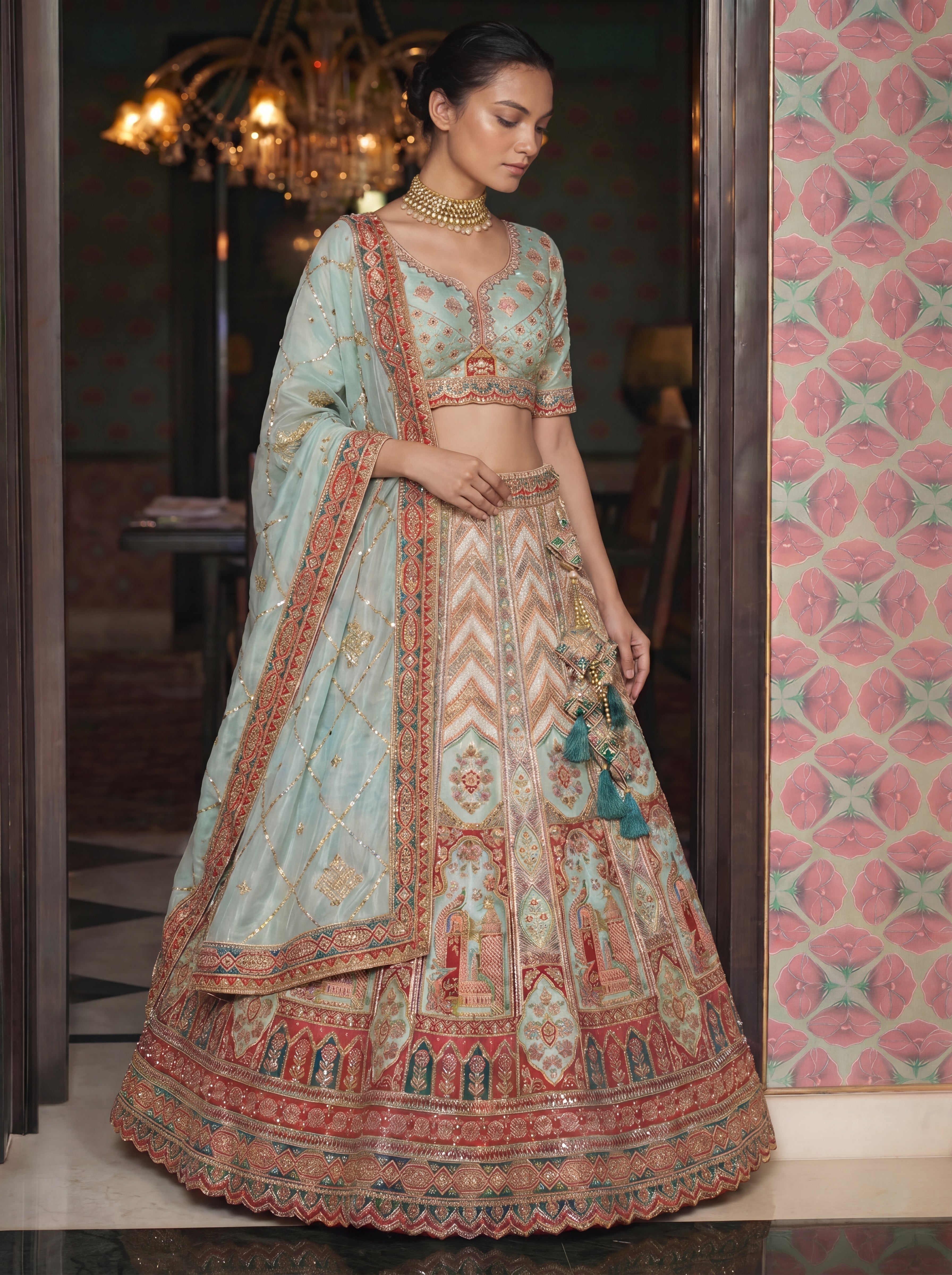 Pastel Green Viscose Sequins Embroidered Wedding Lehenga Choli Set