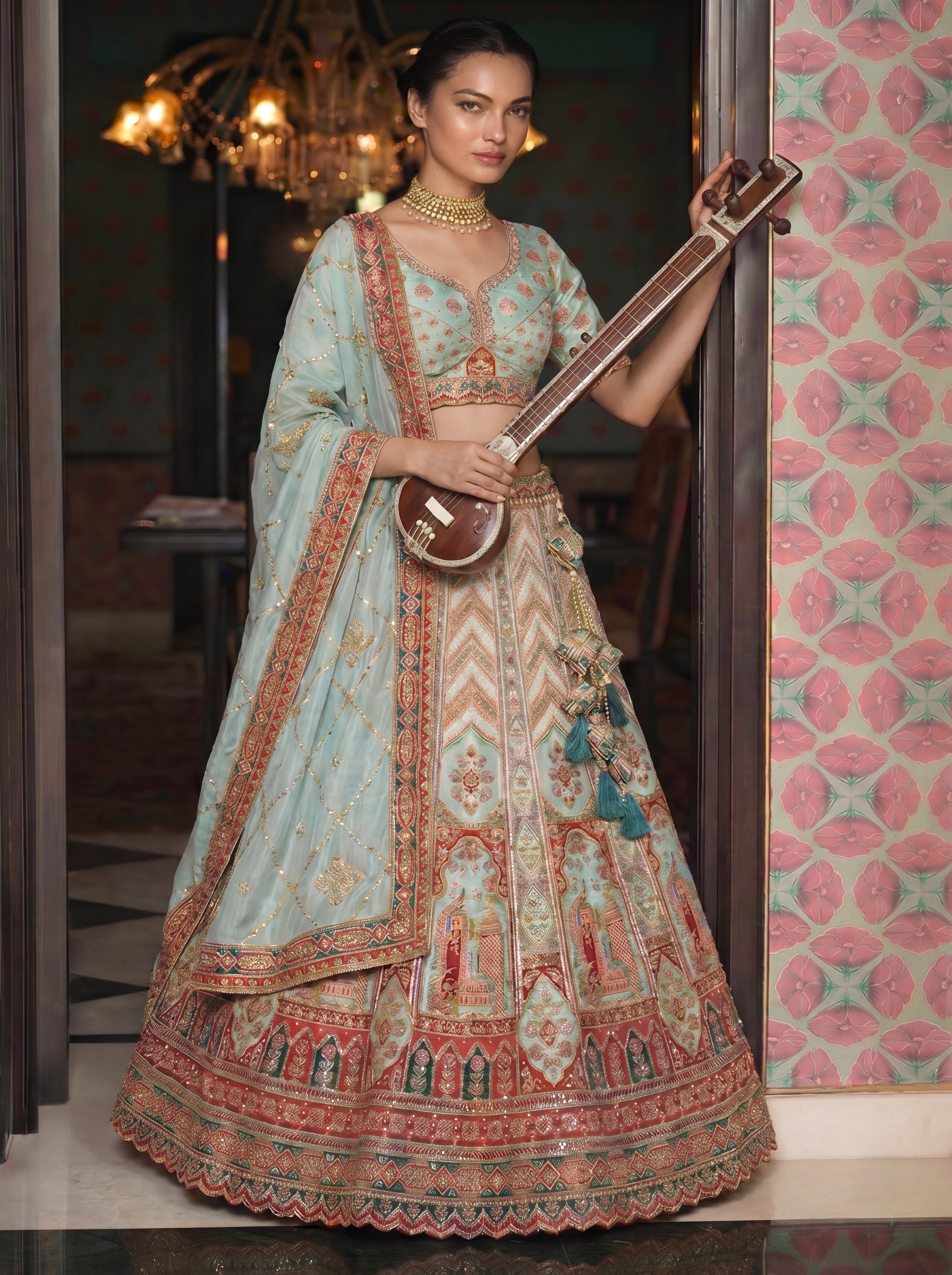 Pastel Green Viscose Sequins Embroidered Wedding Lehenga Choli Set