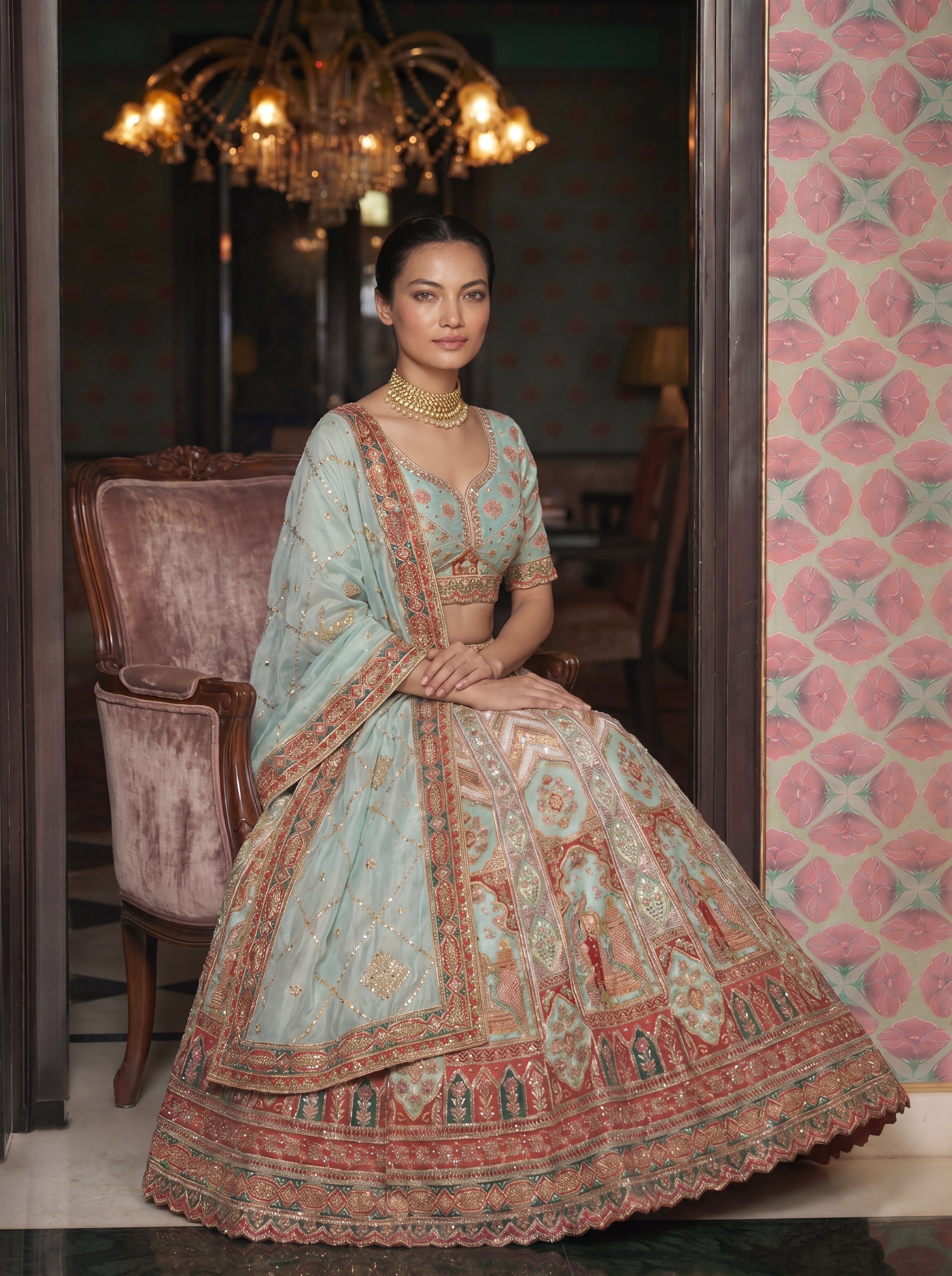 Pastel Green Viscose Sequins Embroidered Wedding Lehenga Choli Set