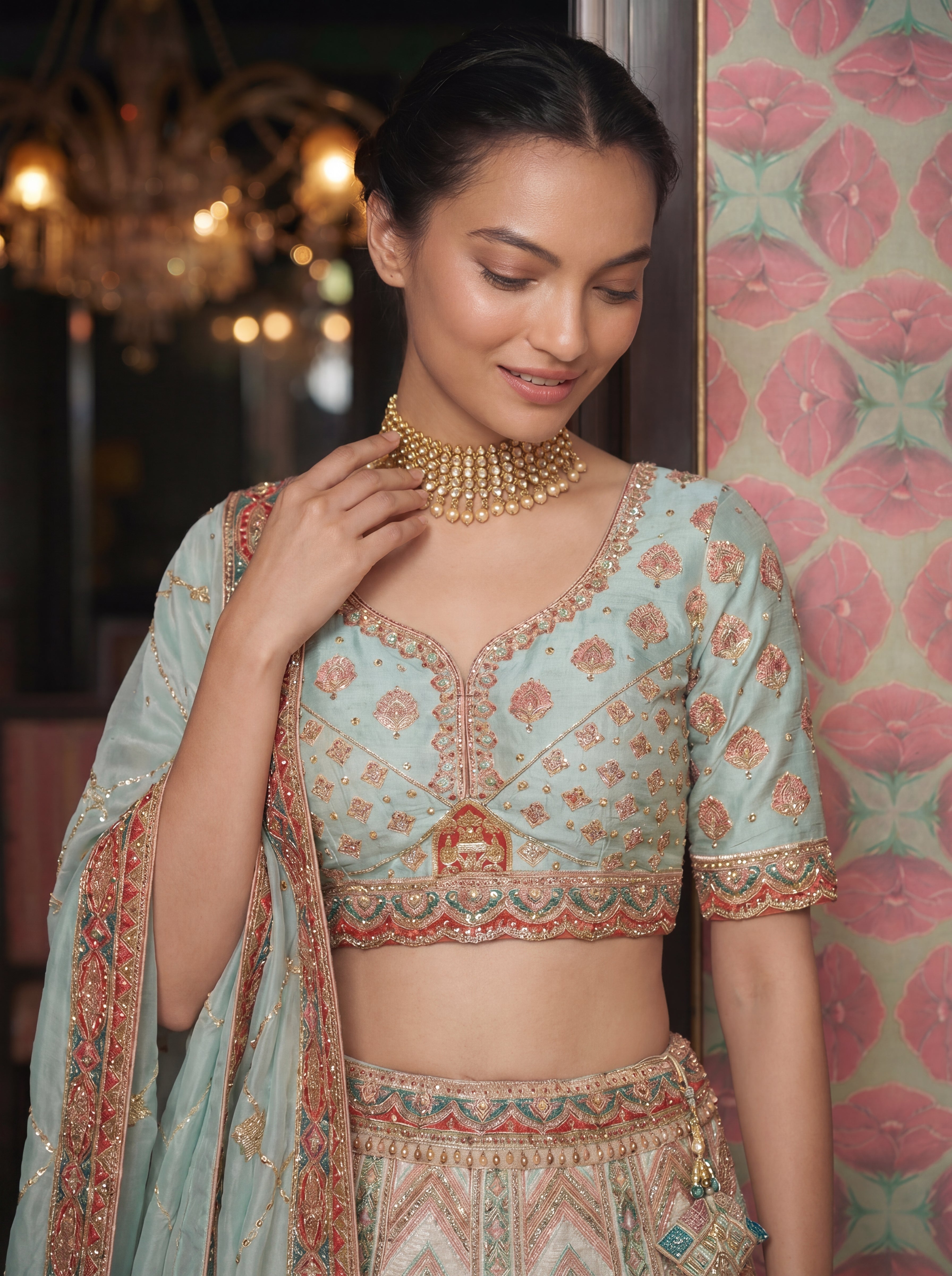Pastel Green Viscose Sequins Embroidered Wedding Lehenga Choli Set
