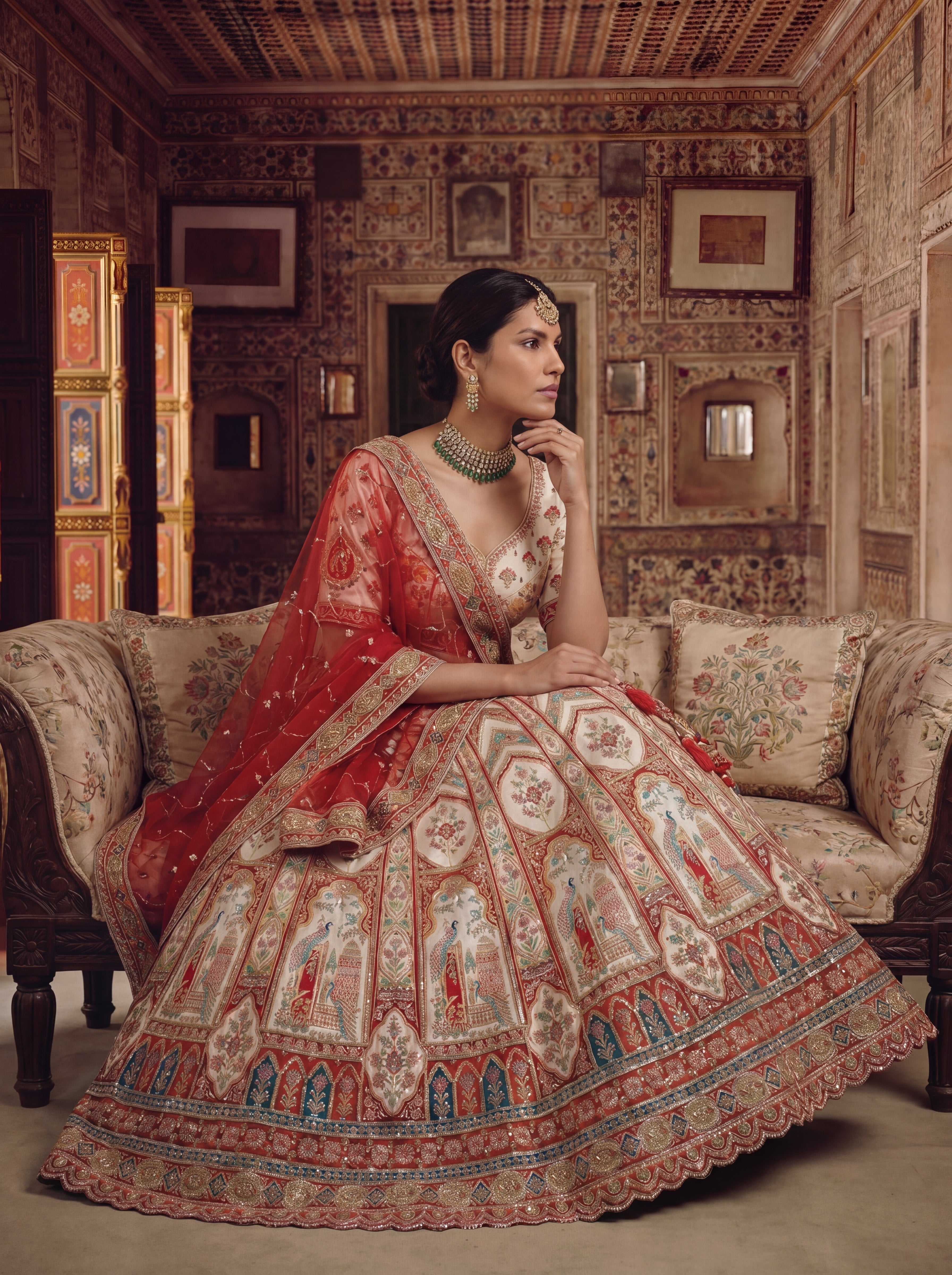 Ivory Cream Viscose Position Printed Sequins Bridal Lehenga Choli